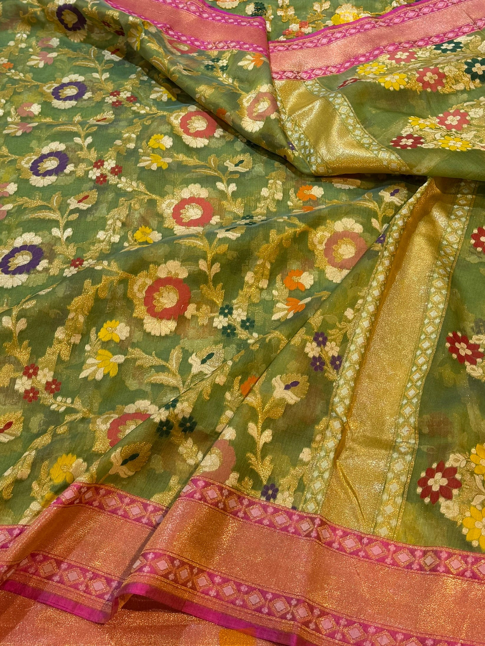 Prebook | Green 100% Pure Ektara Banarasi Kora Jamdani Saree
