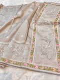 Mouse Grey Tussar Silk Partywear Banarasi Embroidery with Tissue Applique Lightweight Sarees