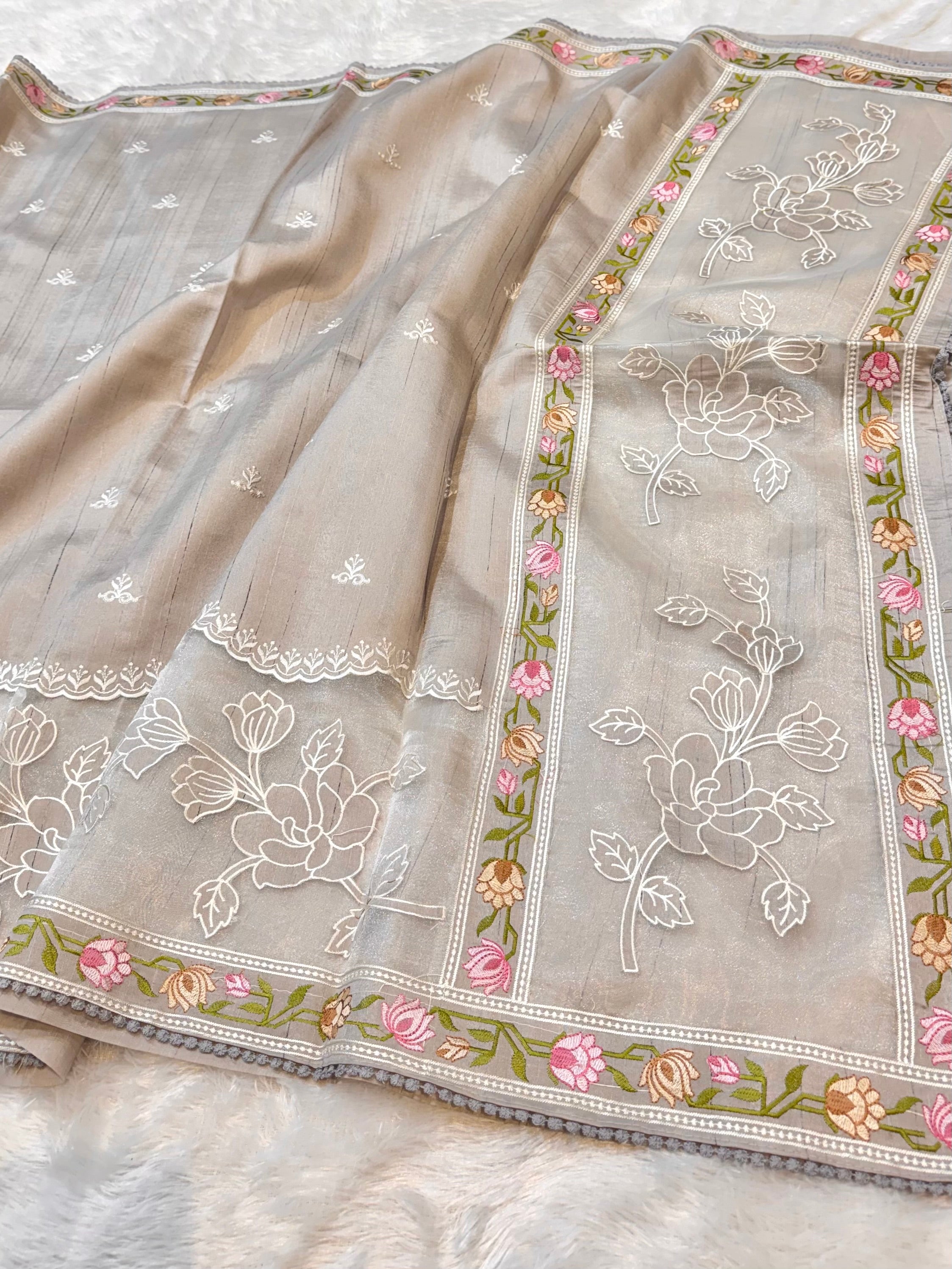 Mouse Grey Tussar Silk Partywear Banarasi Embroidery with Tissue Applique Lightweight Sarees