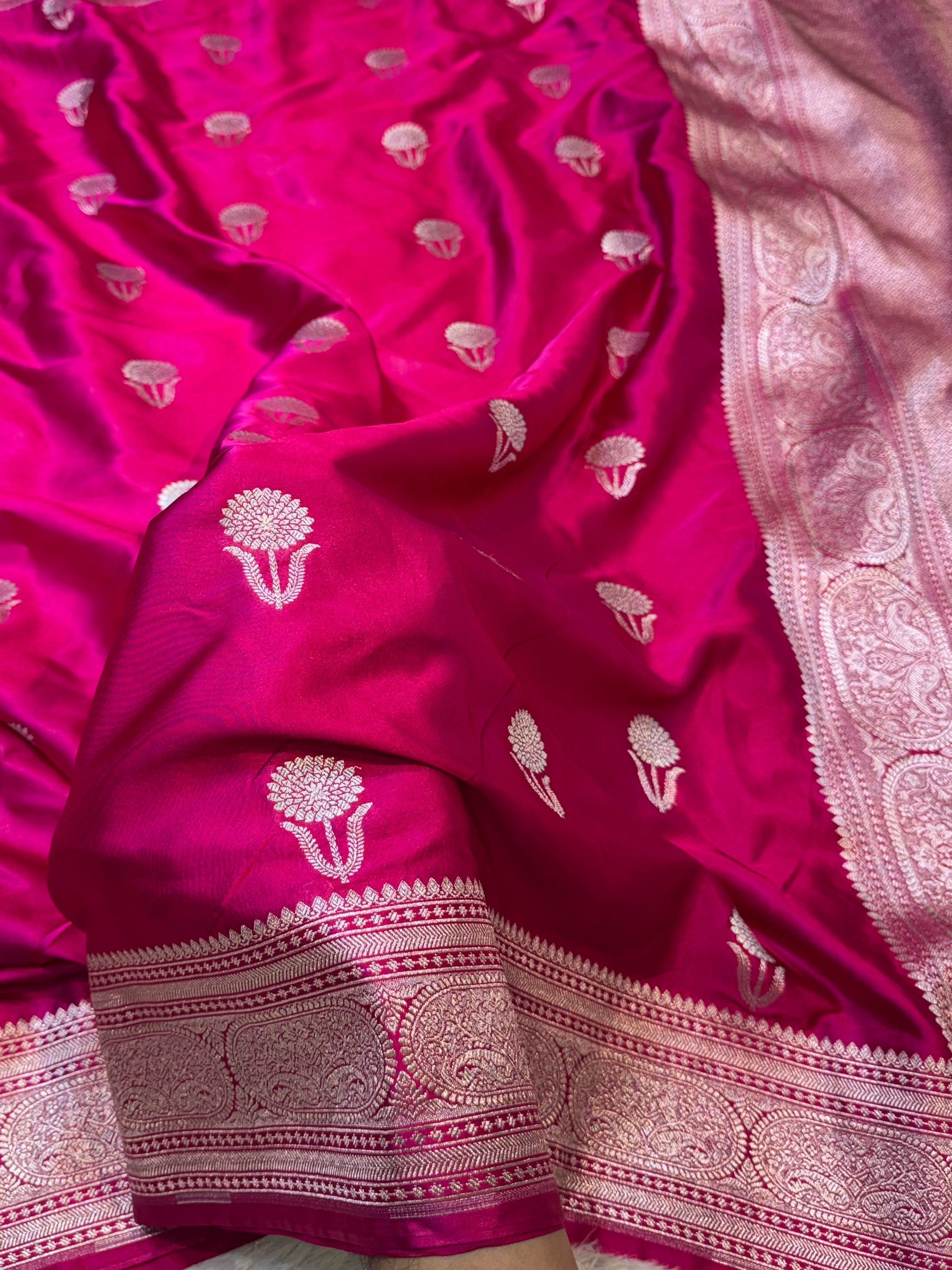 Rani Pink Banarasi Soft Meenakari Mashru Silk Partywear Saree