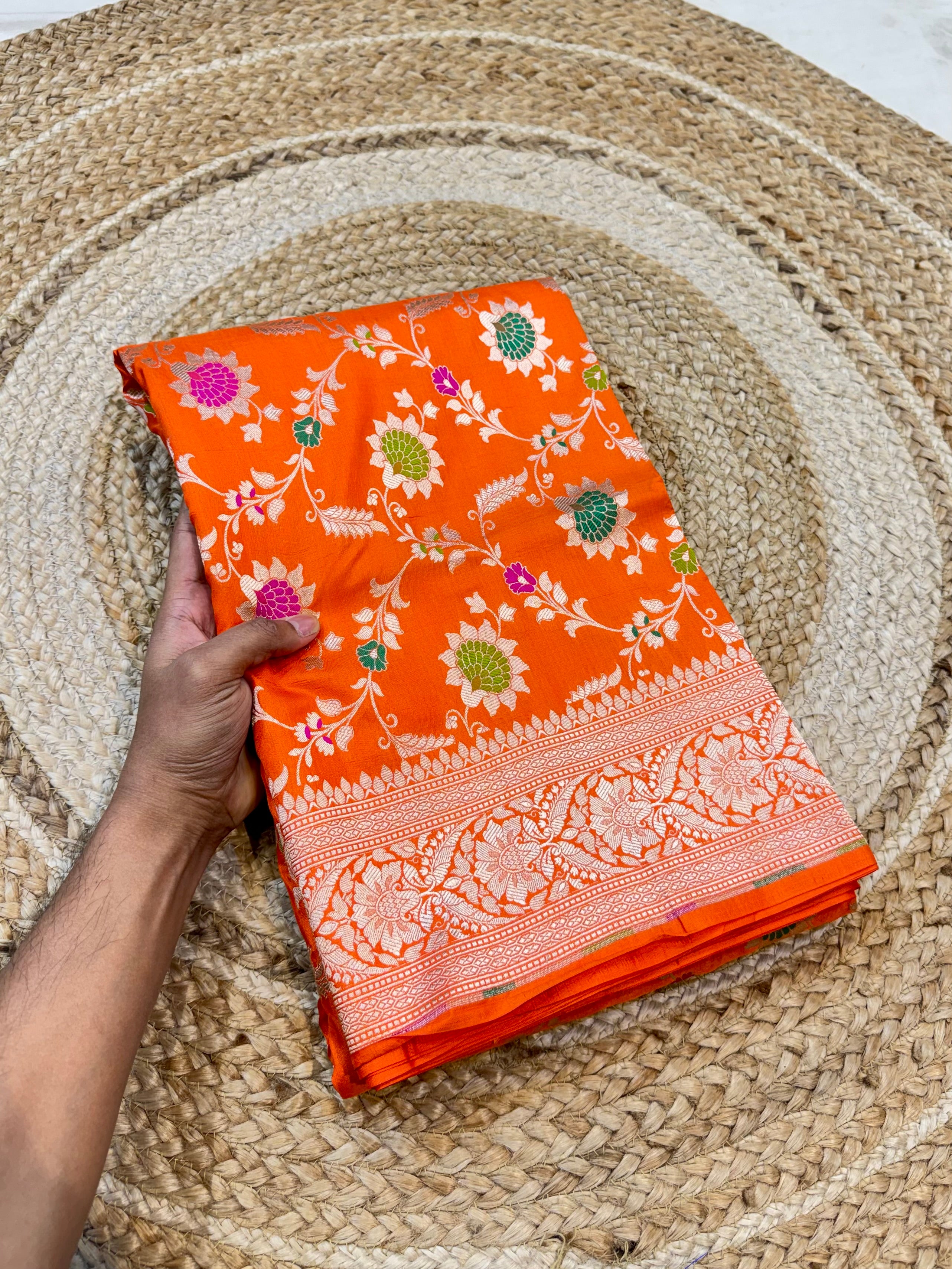 Fanta Orange 100% Pure Banarasi Katan Silk Meenakari Saree