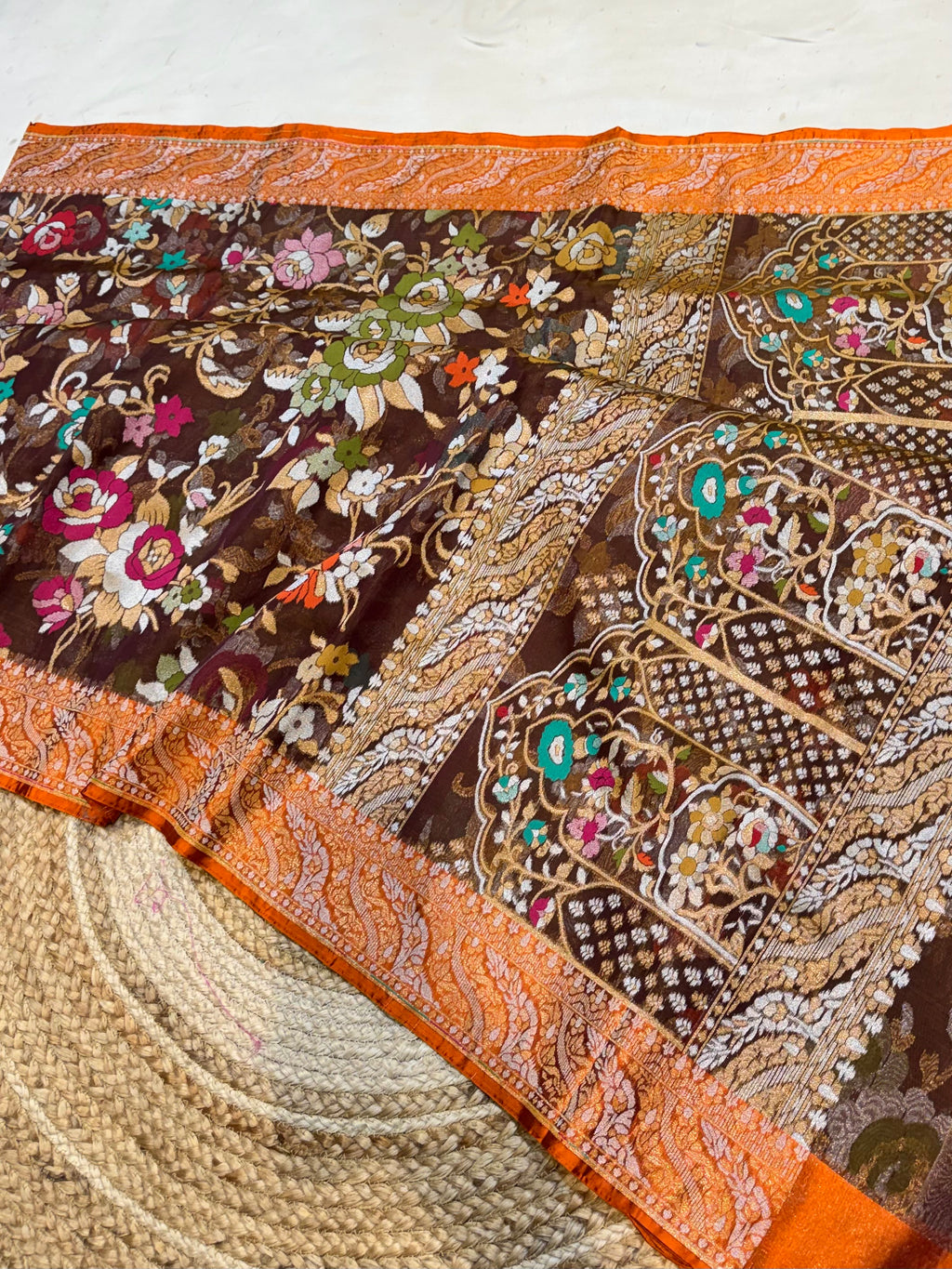 Prebook | Brown Pure Ektara Banarasi Kora Jamdani Saree