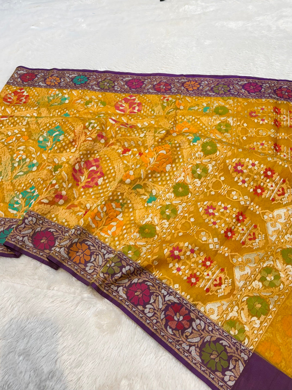 Sunflower Yellow 100% Pure Ektara Banarasi Kora Jamdani Saree