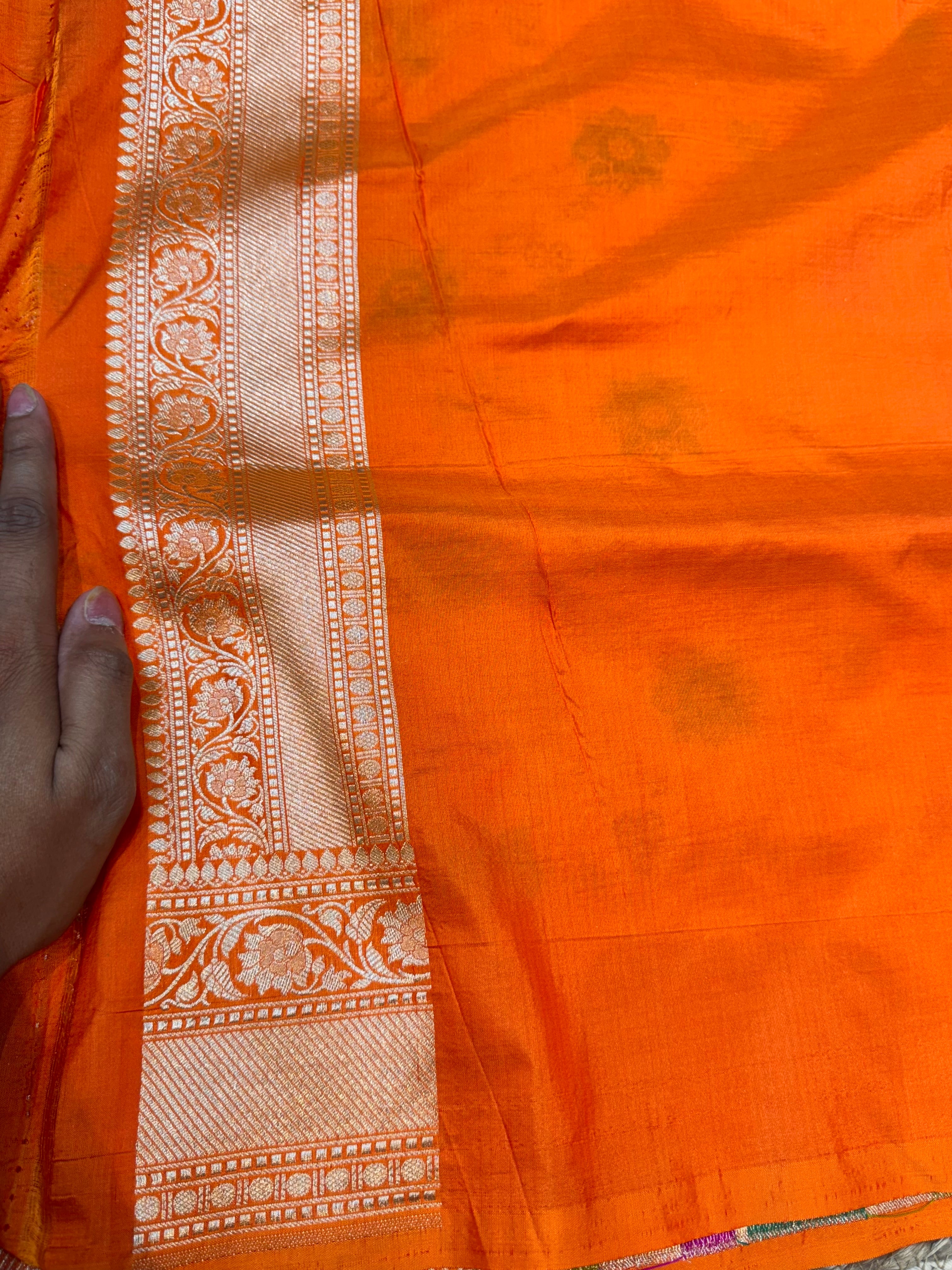 Prebook | Fanta Orange 100% Pure Banarasi Katan Silk Meenakari Saree