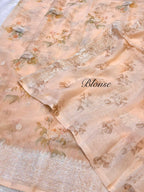 Watery Peach 100% Pure Khaddi Georgette Silver Zari Digital Print Handloom Saree