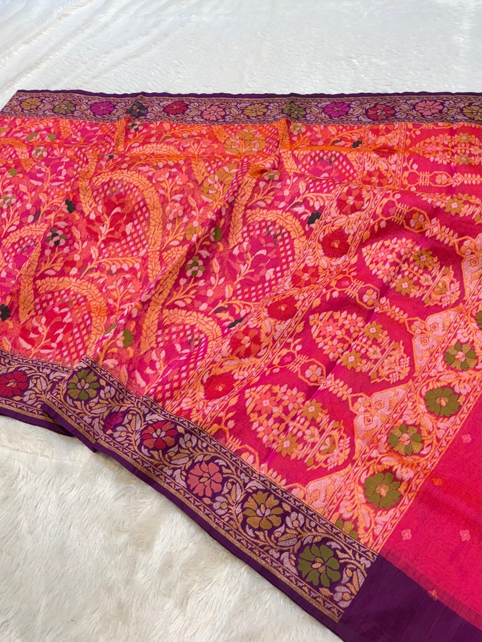 Rani Pink 100% Pure Ektara Banarasi Kora Jamdani Saree