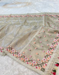 Watery Silver 100% Pure Handloom Tissue Silk Partywear Banarasi Embroidery Lightweight Saree