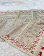 Watery Silver 100% Pure Handloom Tissue Silk Partywear Banarasi Embroidery Lightweight Saree