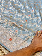 Powder Blue 100% Pure Banarasi Katan Silk Meenakari Saree