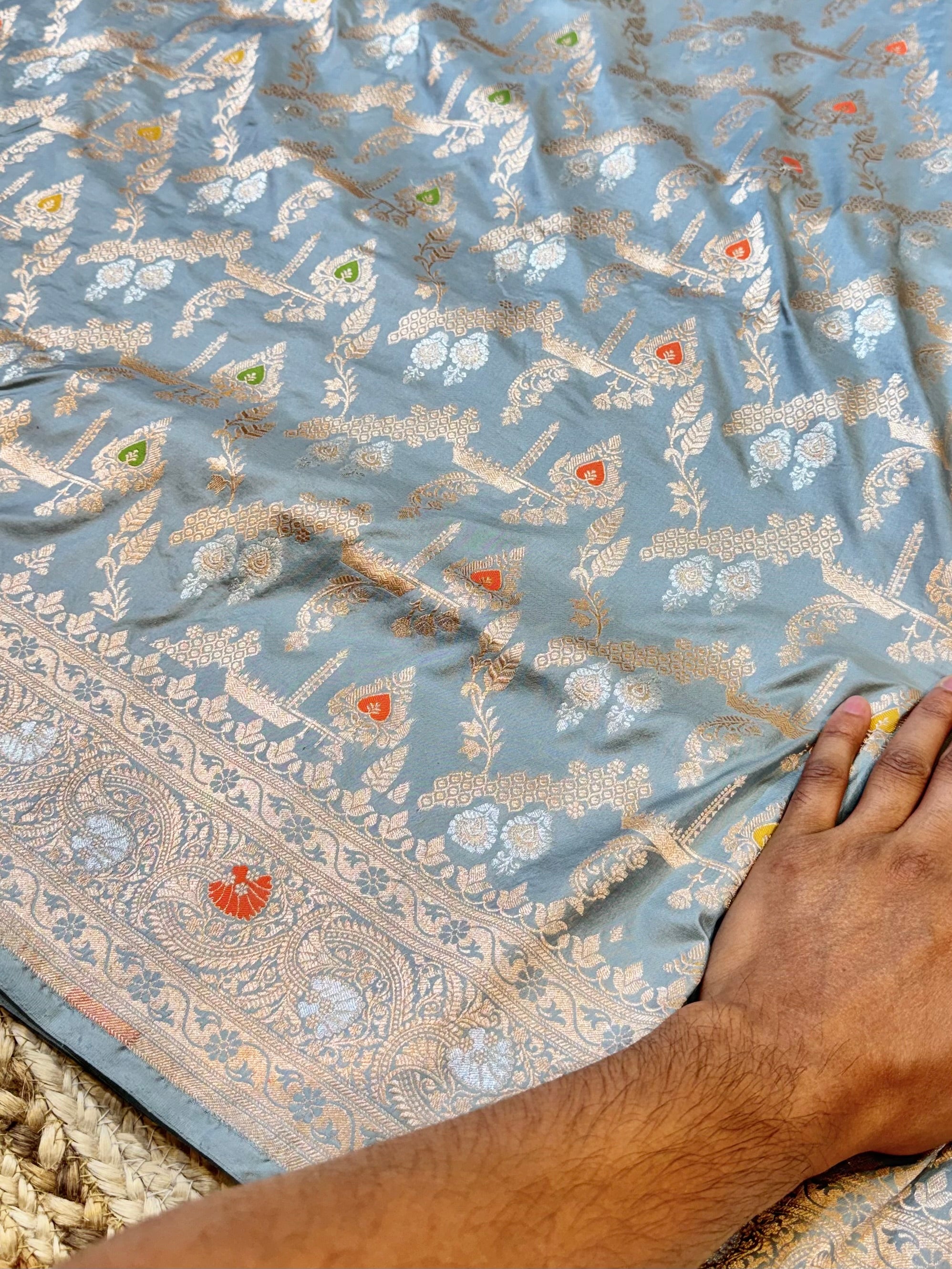 Powder Blue 100% Pure Banarasi Katan Silk Meenakari Saree