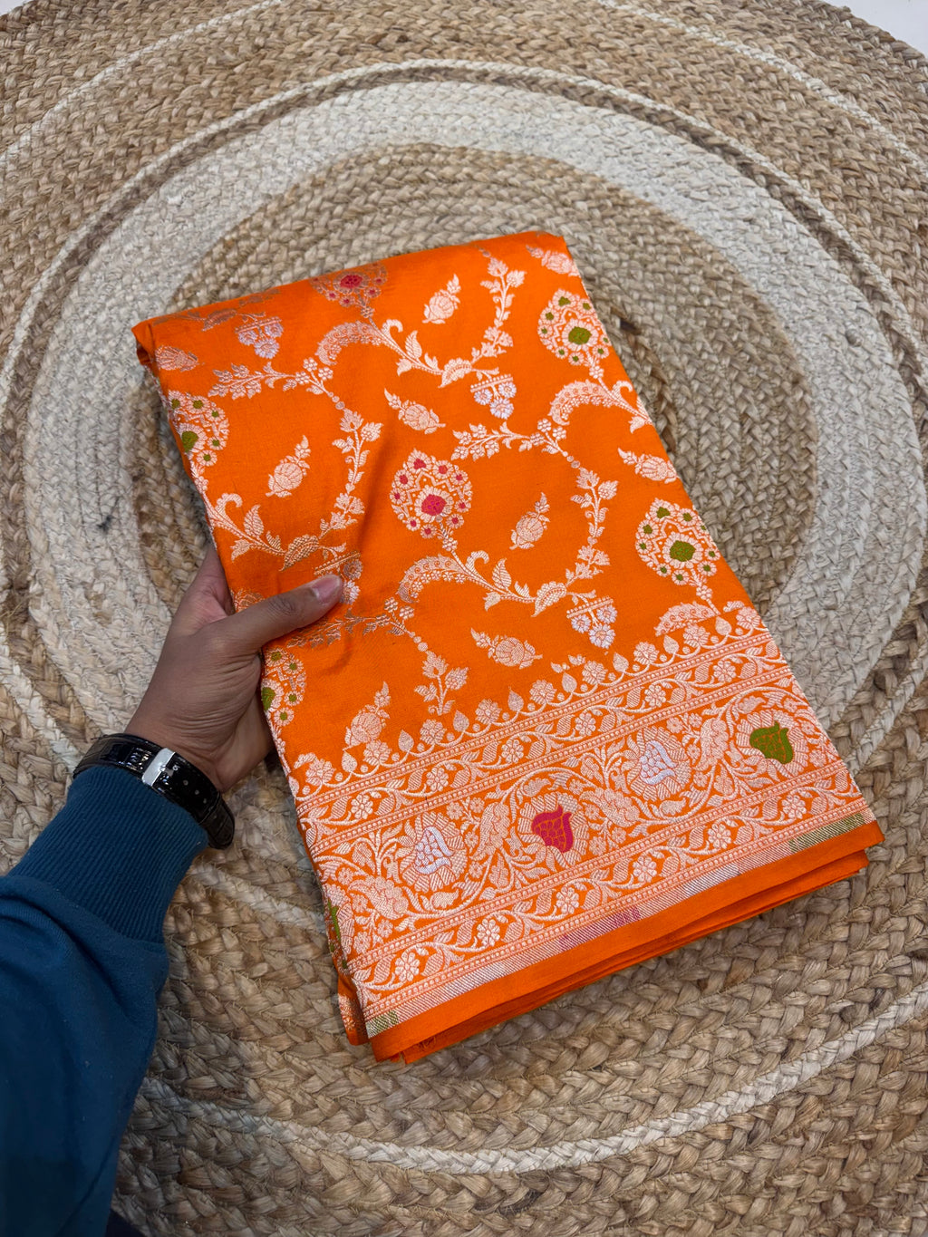Prebook | Fanta Orange 100% Pure Banarasi Katan Silk Meenakari Saree