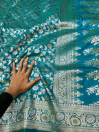 Teal Green Banarasi SemiKatan Silk Partywear Saree