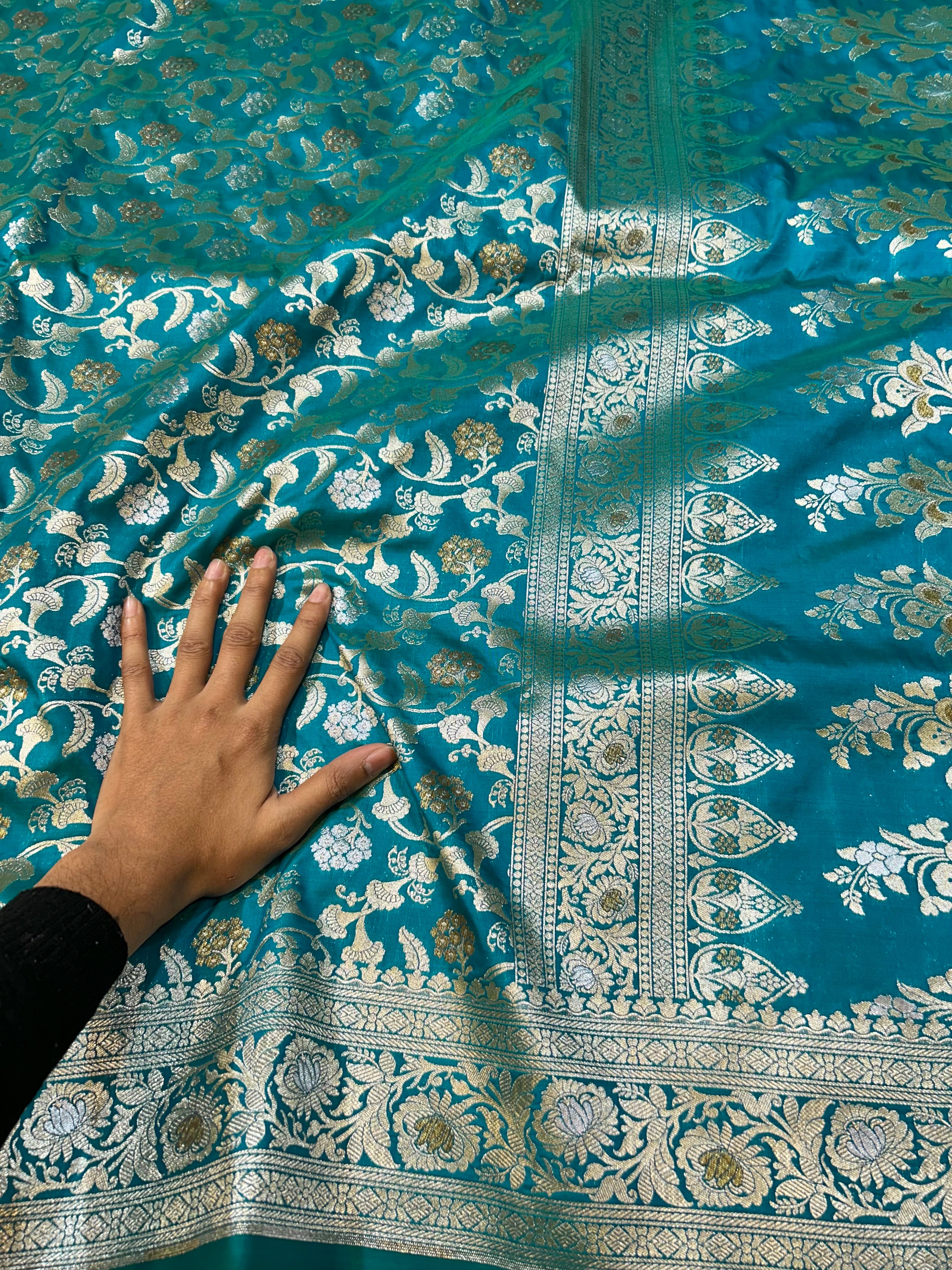 Teal Green Banarasi SemiKatan Silk Partywear Saree