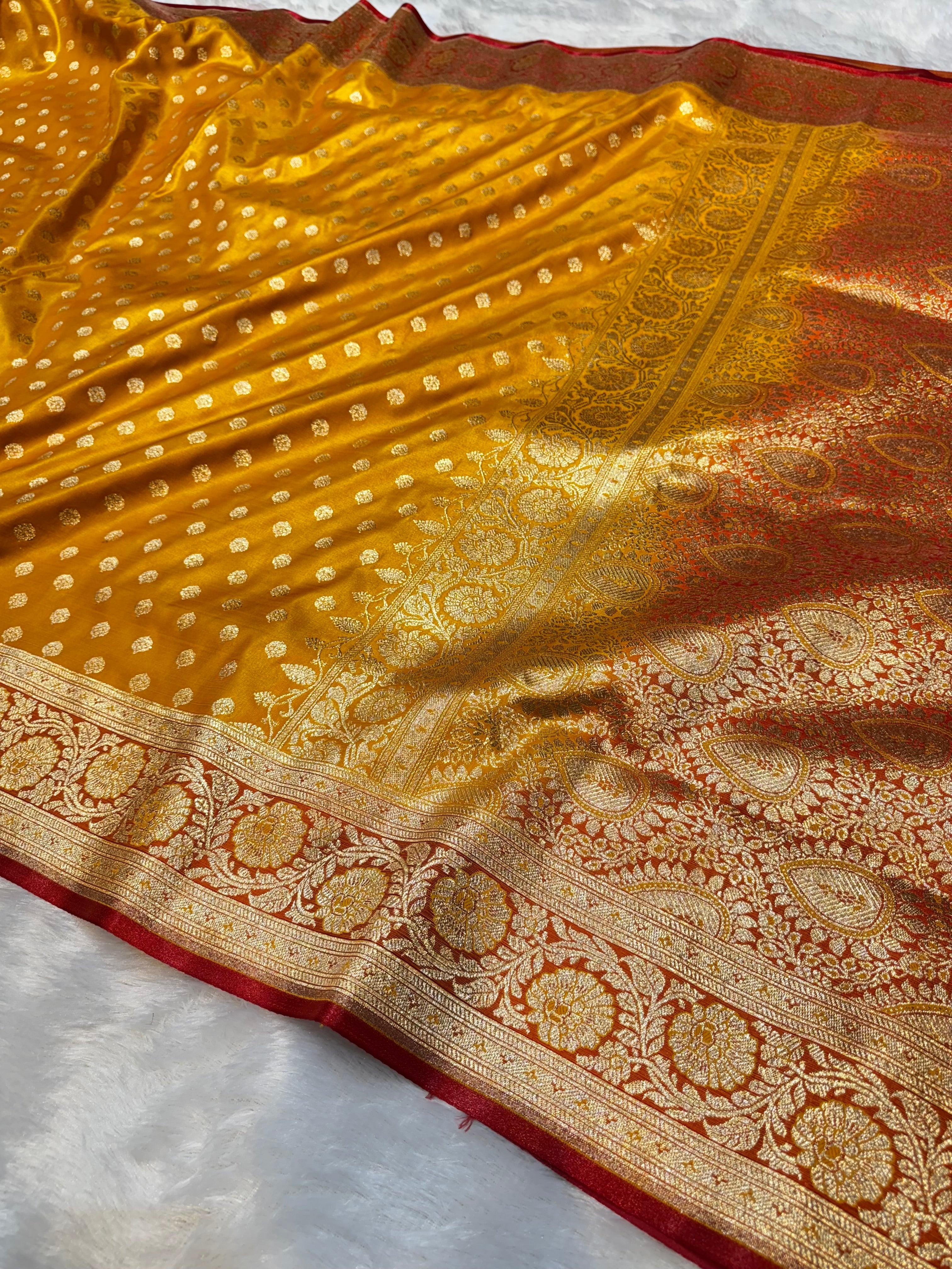 Mustard Yellow Banarasi Mashru Satin Silk Partywear Saree