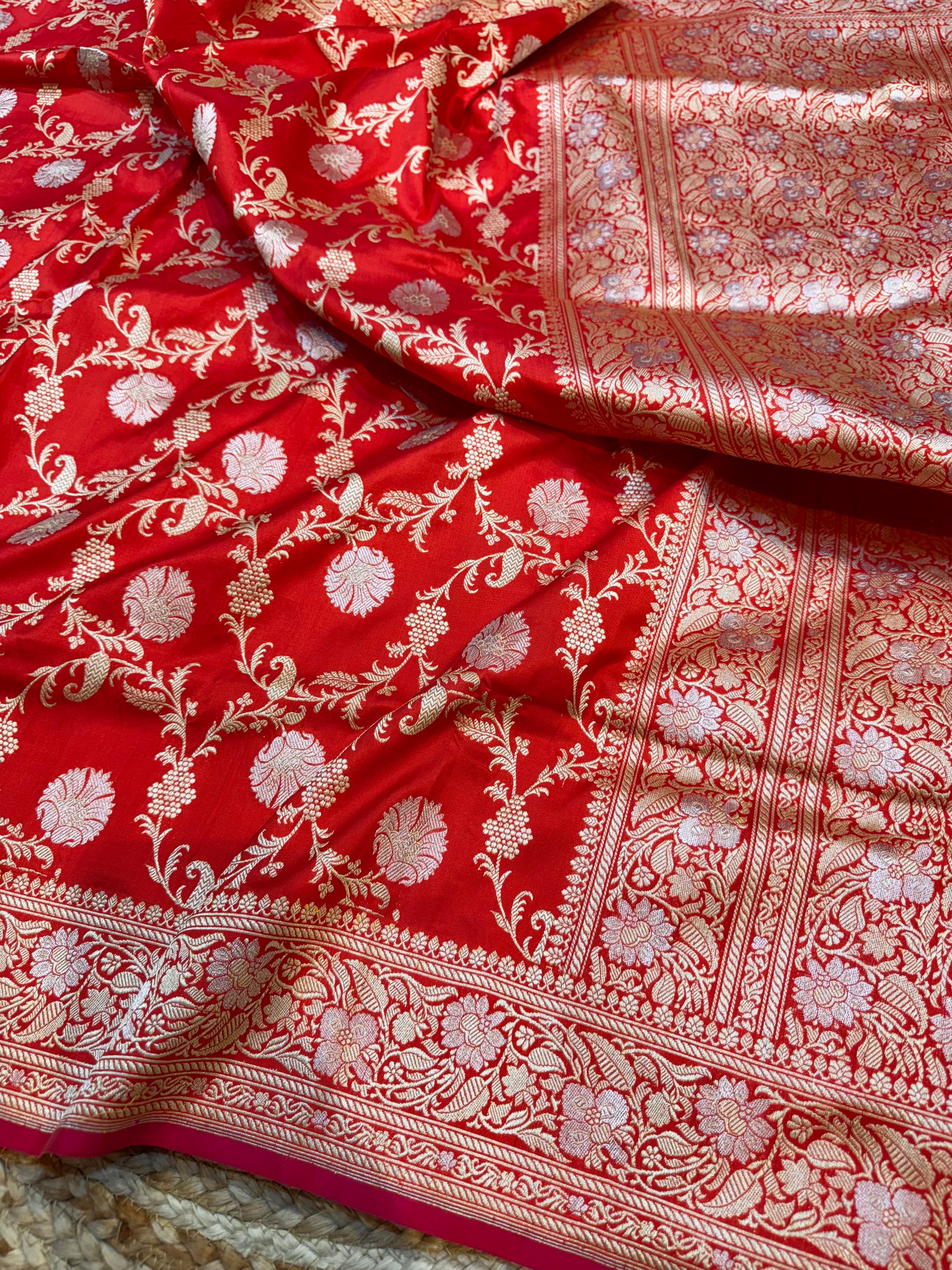 Red 100% Pure Banarasi Katan Silk Handloom Handwoven Pattu Saree