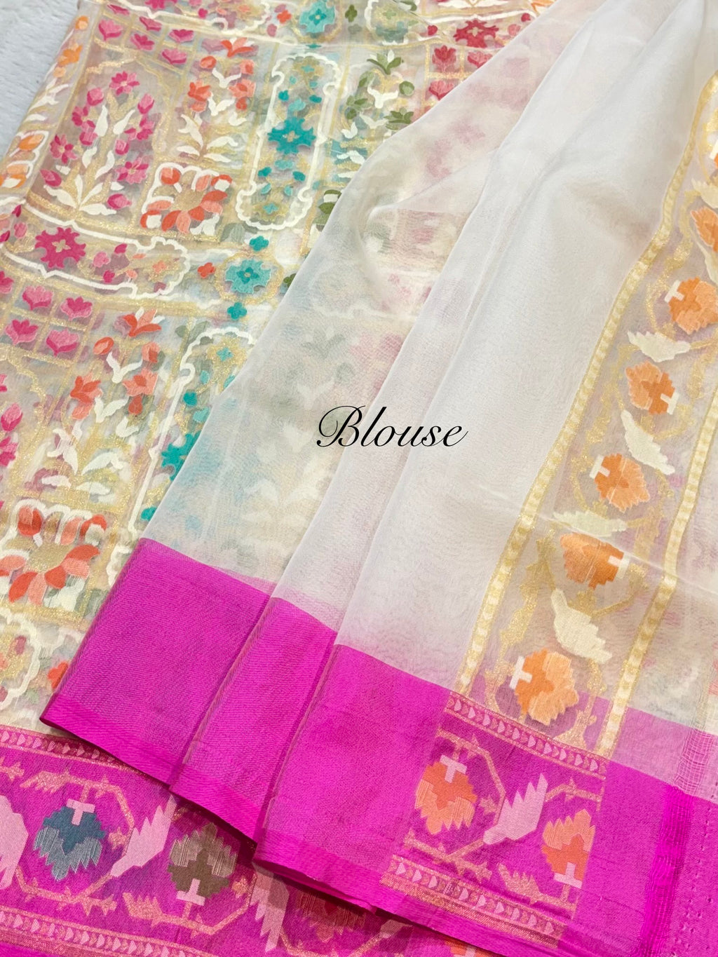 Half White 100% Pure Ektara Banarasi Kora Jamdani Saree