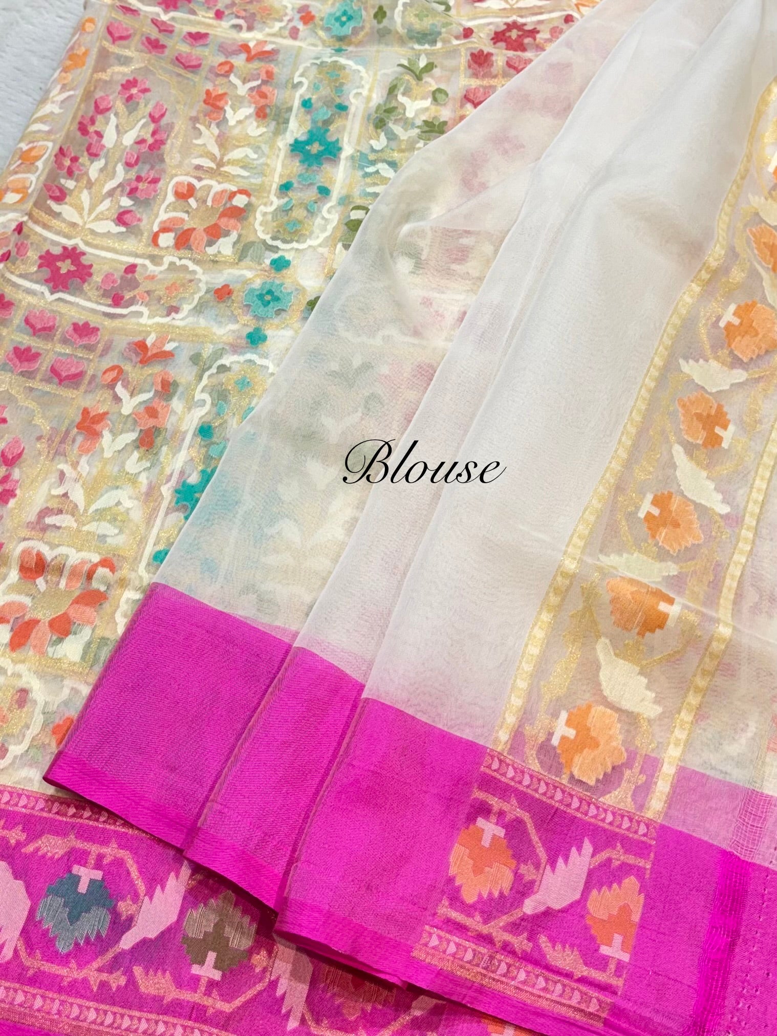 Half White 100% Pure Ektara Banarasi Kora Jamdani Saree