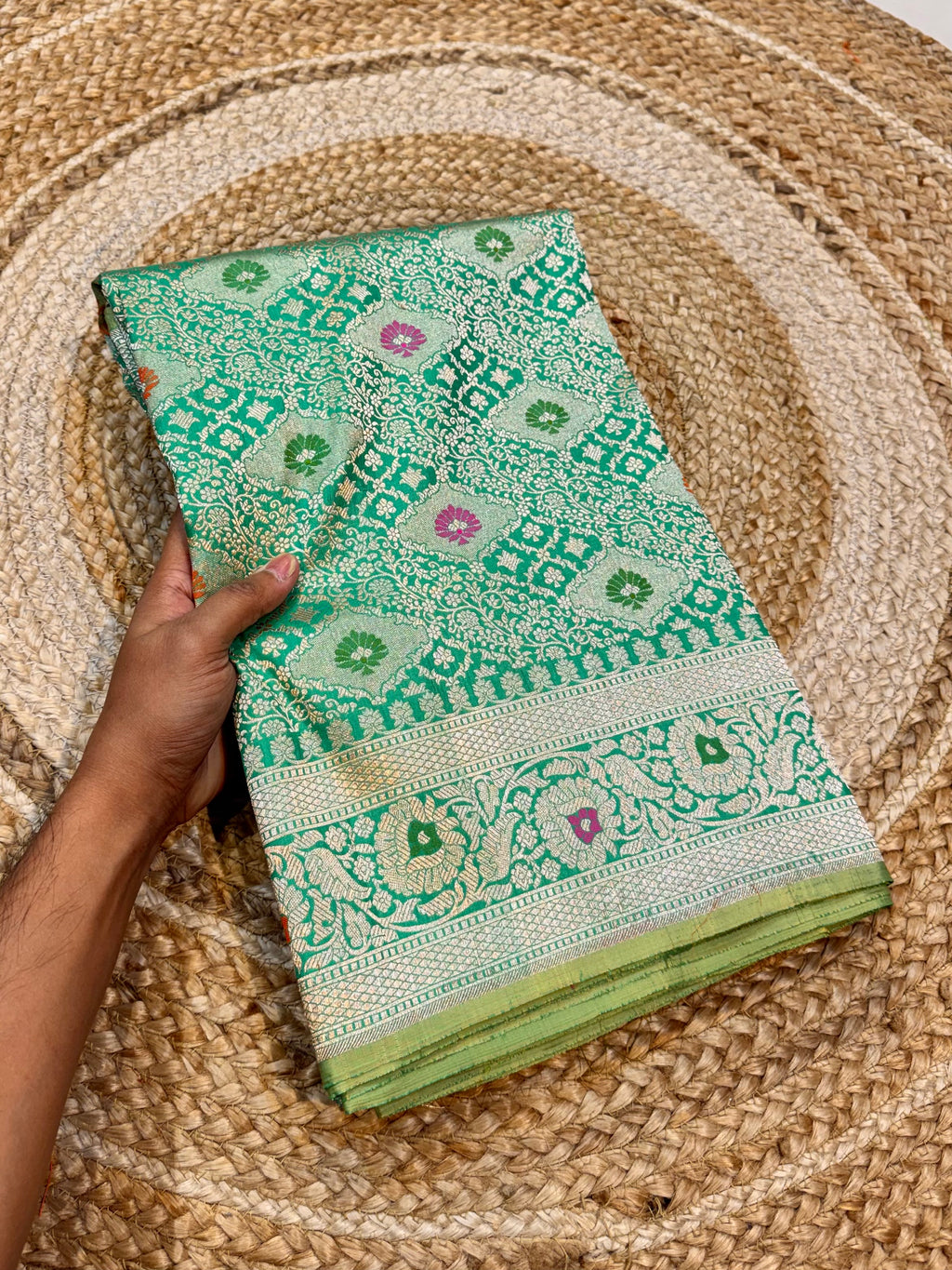 Prebook | Parrot Green 100% Pure Banarasi Katan Silk Meenakari Brocade Saree