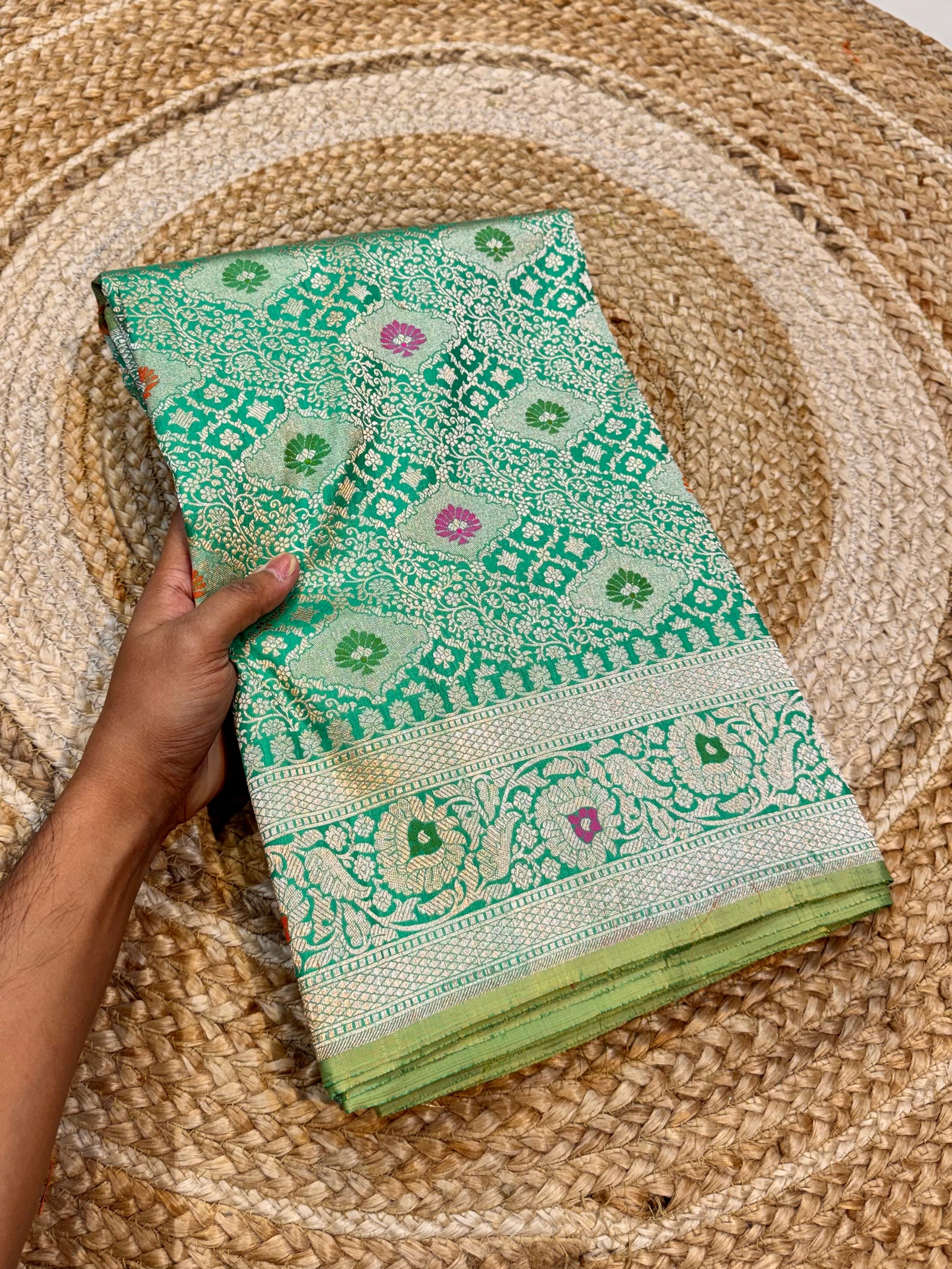 Prebook | Parrot Green 100% Pure Banarasi Katan Silk Meenakari Brocade Saree