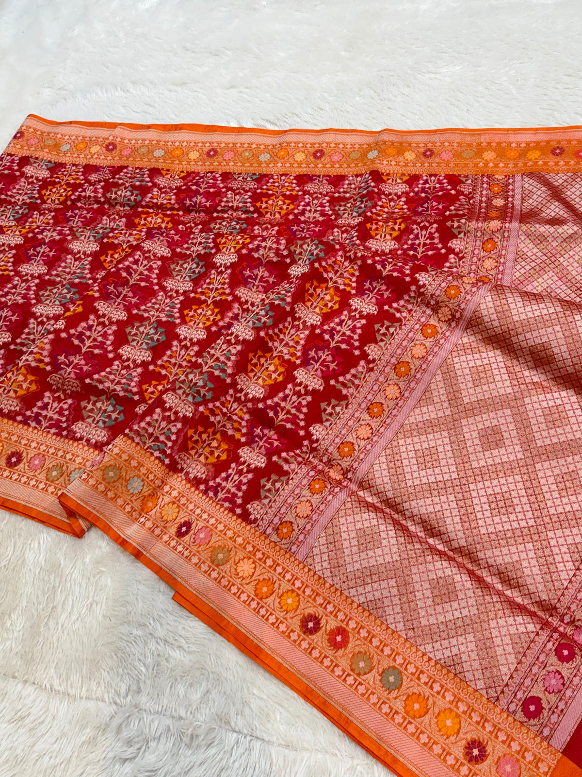 Red Pure Handloom Banarasi Ektara Kora Jamdani Saree
