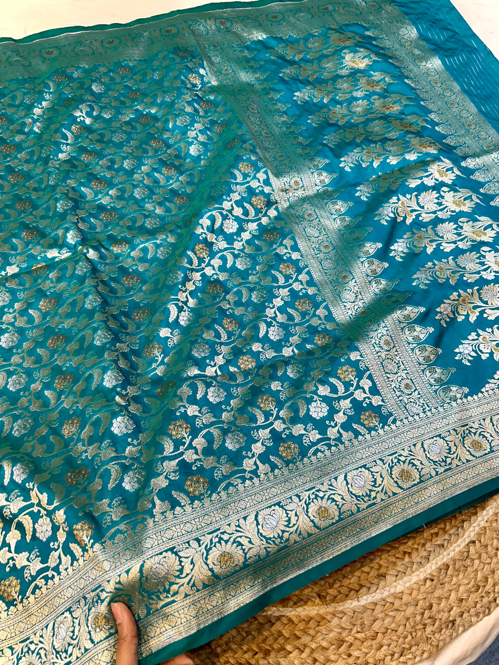 Teal Green Banarasi SemiKatan Silk Partywear Saree