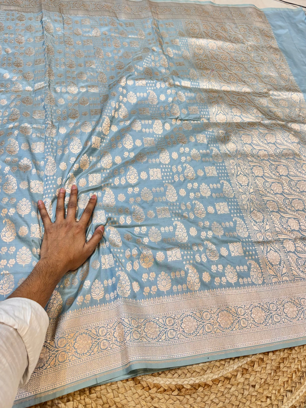 Powder Blue 100% Pure Banarasi Katan Silk Saree