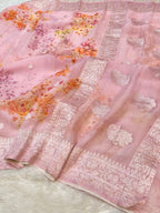 Baby Pink 100% Pure Khaddi Georgette Silver Zari Digital Print Handloom Saree