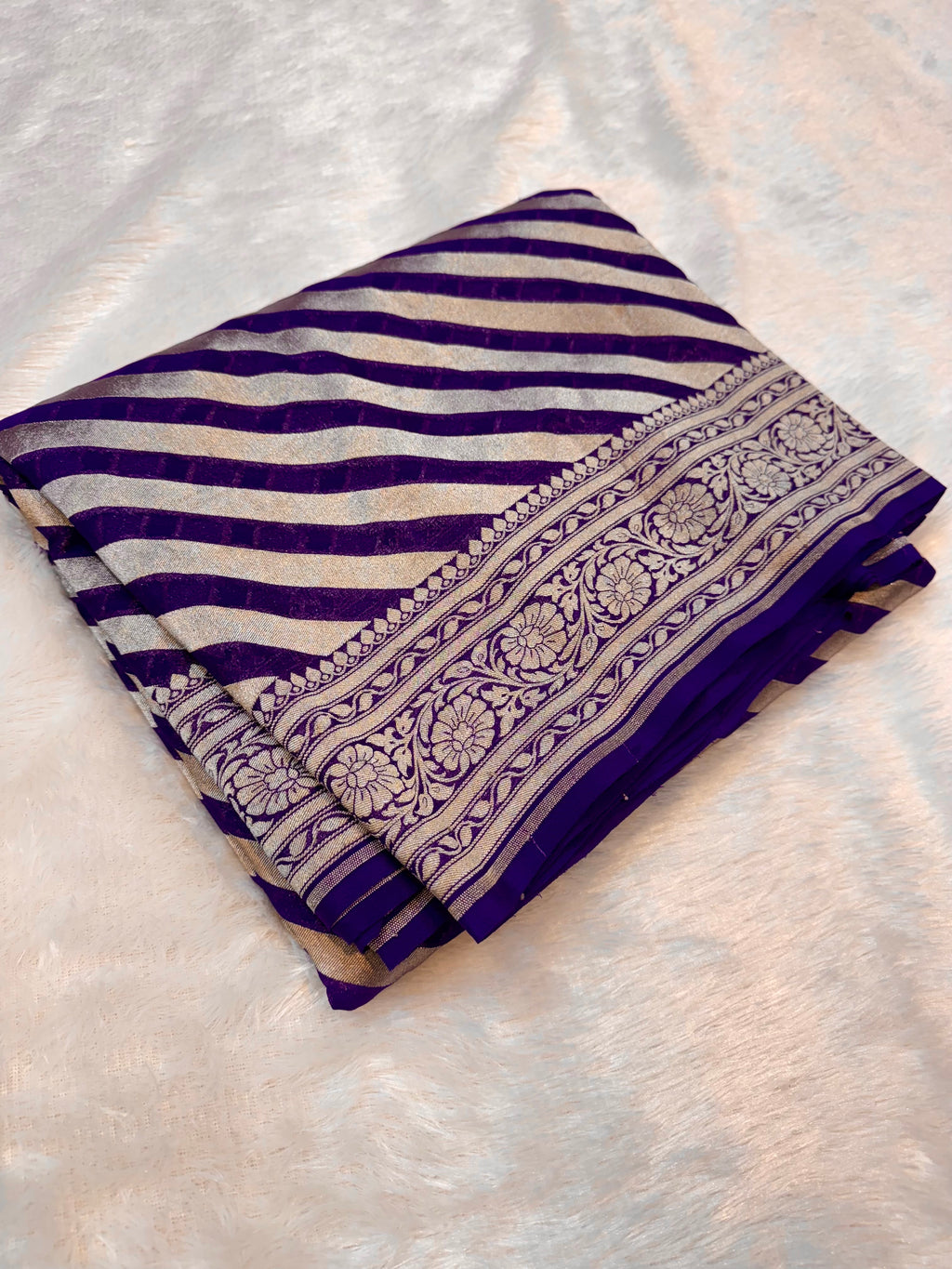 Purple 100% Pure Banarasi Khaddi Georgette Stripes Saree