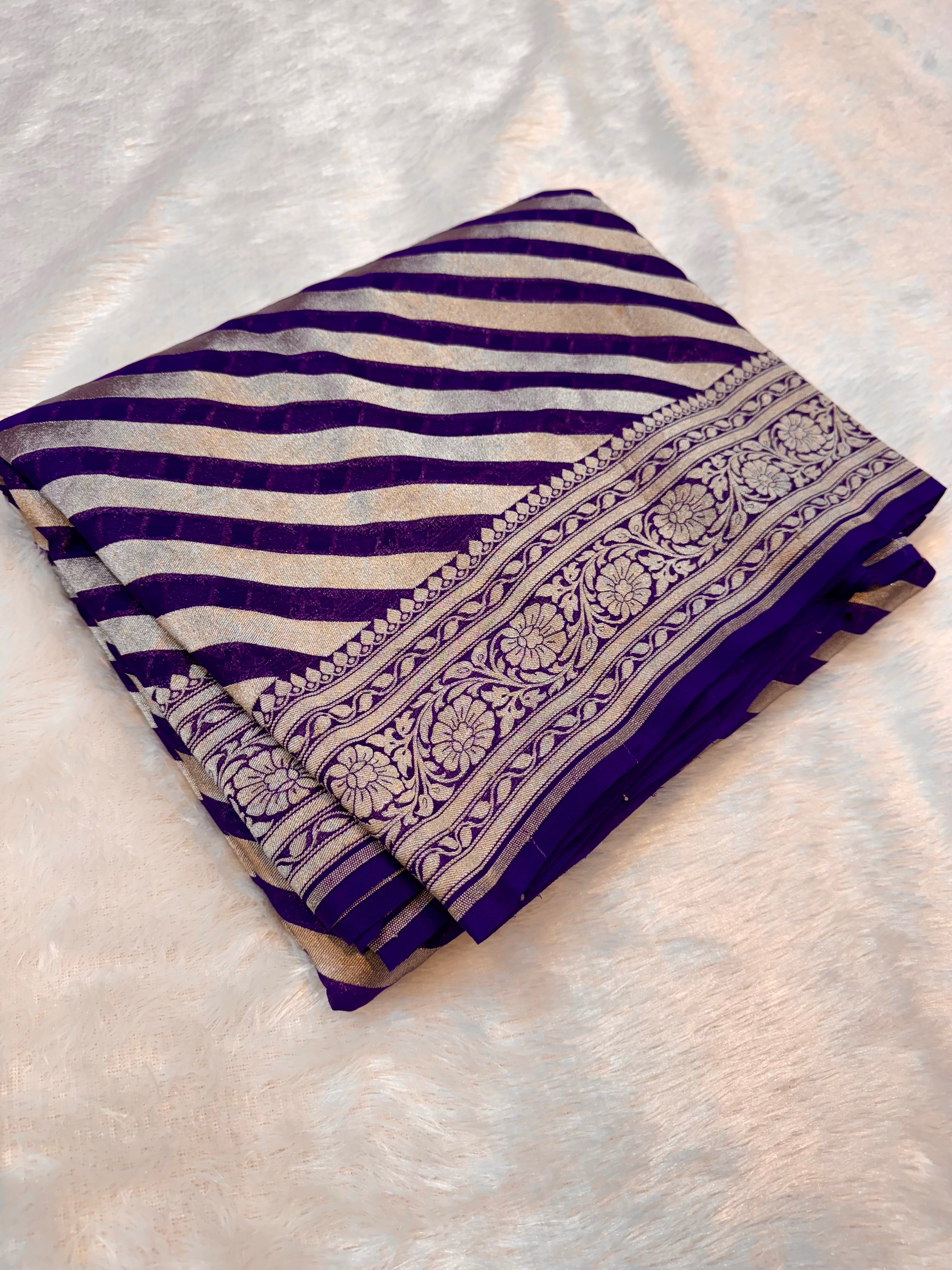 Purple 100% Pure Banarasi Khaddi Georgette Stripes Saree