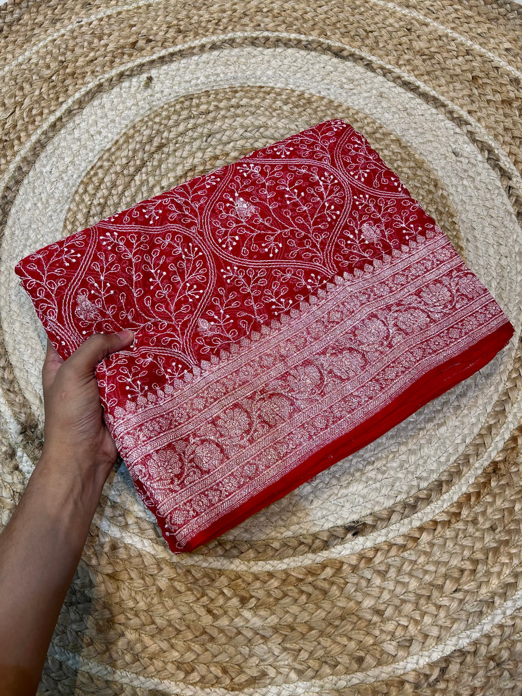 Red 100% Pure Khaddi Georgette Silver Zari ChikanKari Handloom Saree