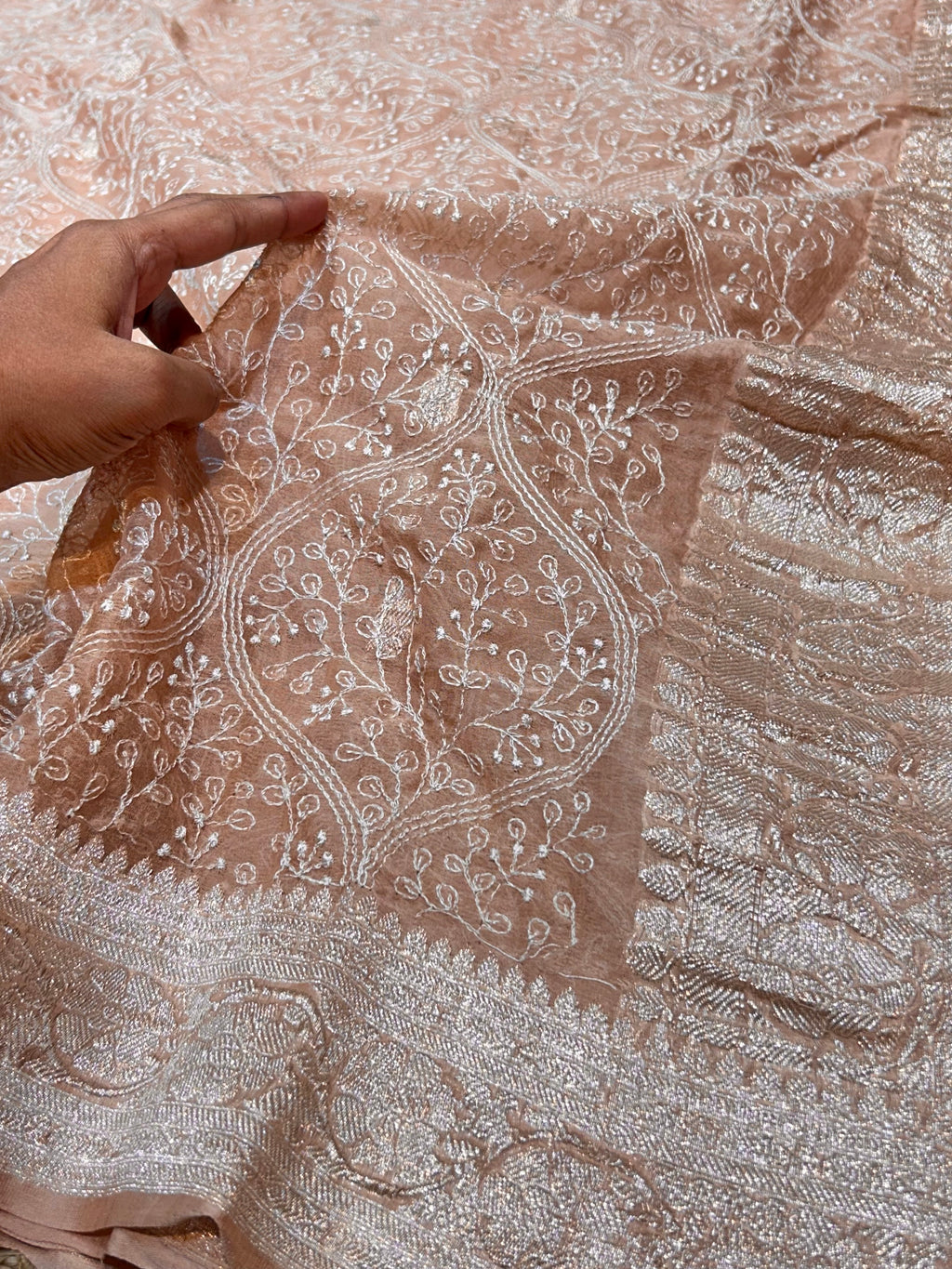 Beige 100% Pure Khaddi Georgette Silver Zari ChikanKari Handloom Saree