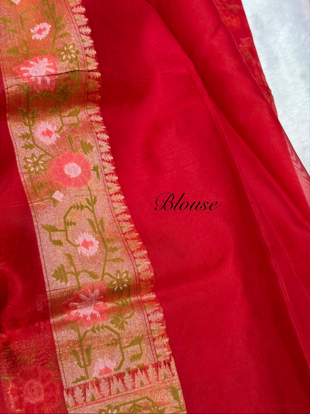 Prebook | Red Ektara Banarasi Kora Jamdani Saree
