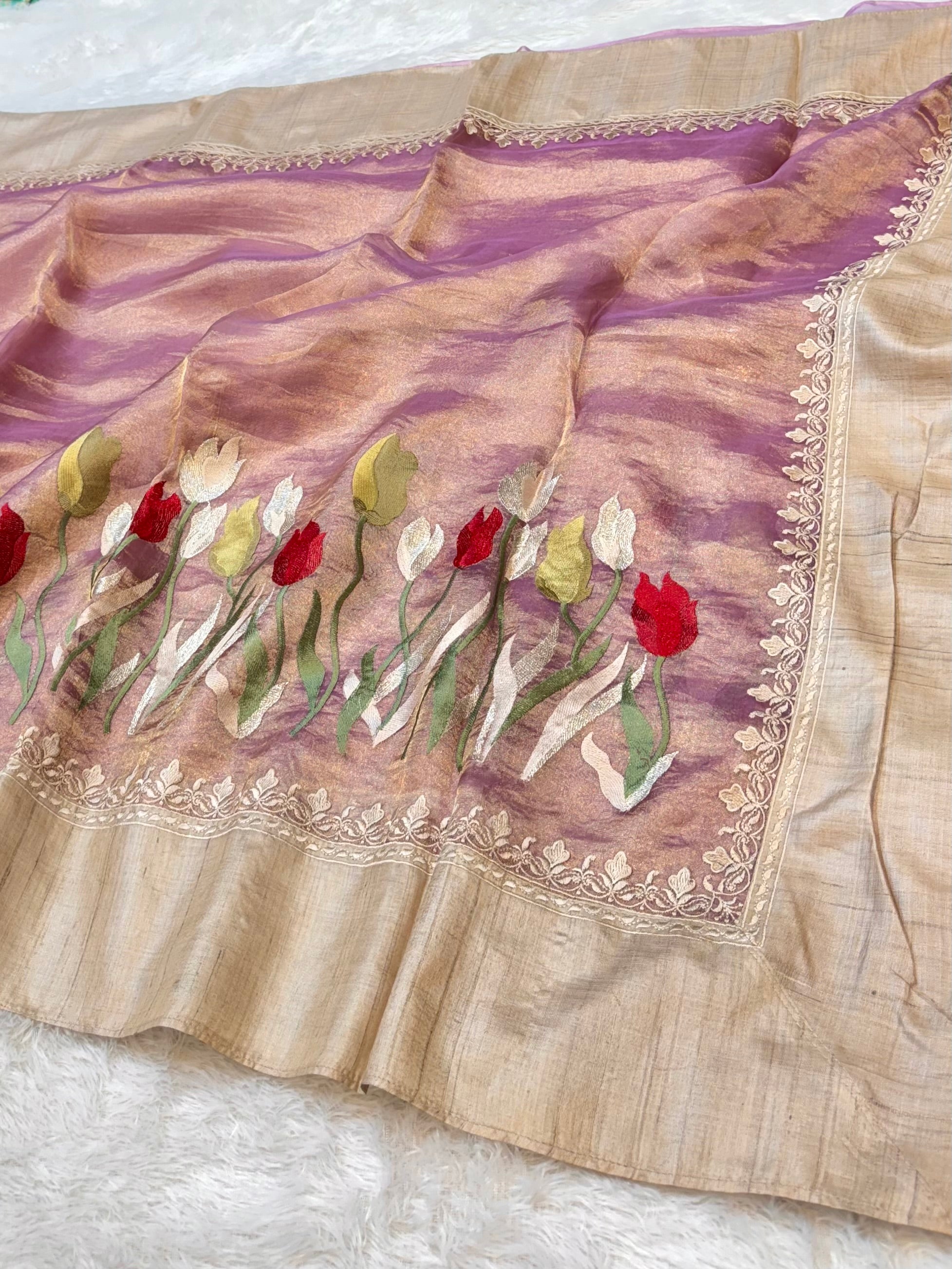 Diamond Lavender 100% Pure Handloom Tissue Silk Partywear Banarasi Embroidery Lightweight Sarees
