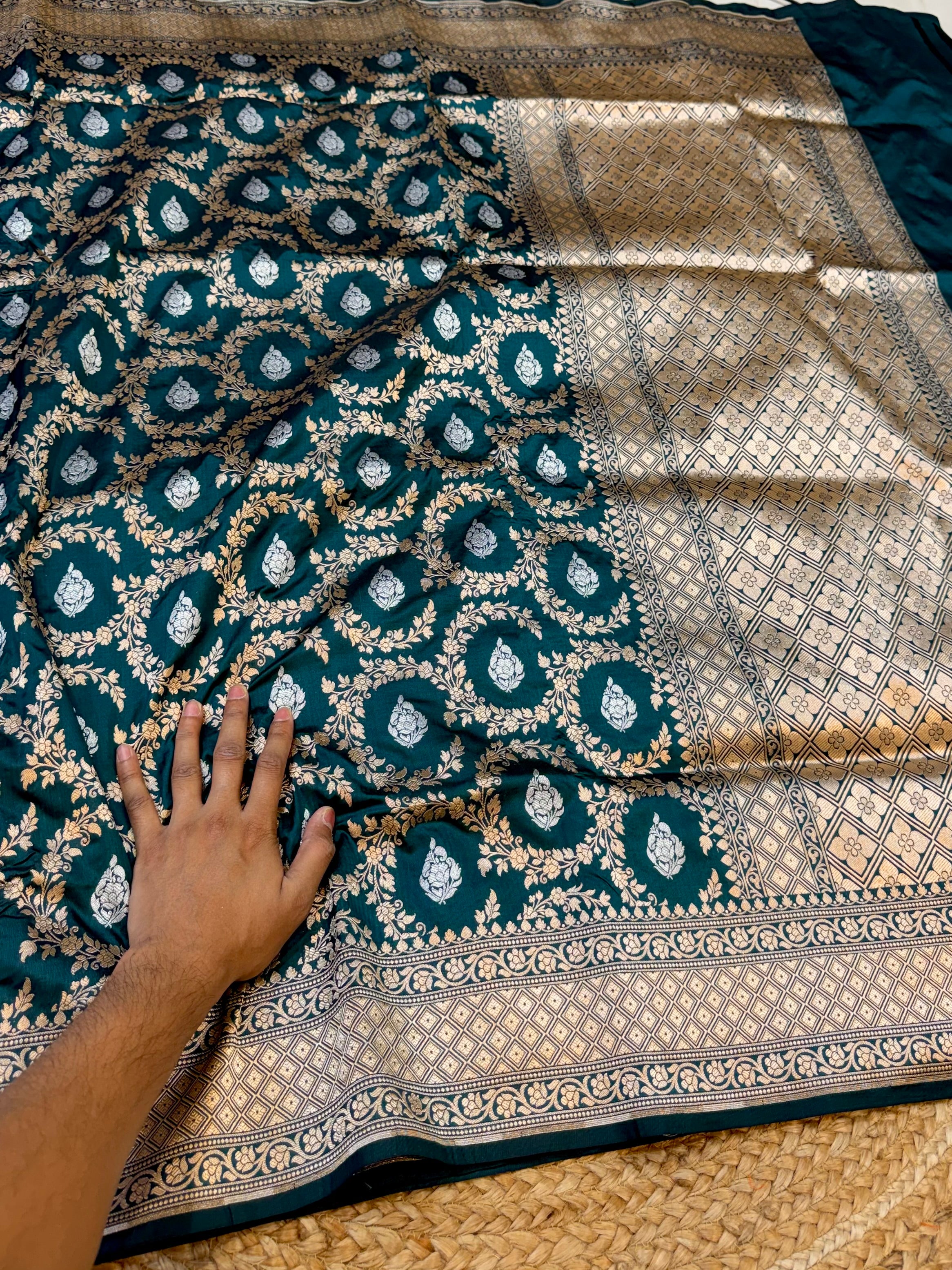 Teal Green 100% Pure Banarasi Katan Silk Meenakari Saree