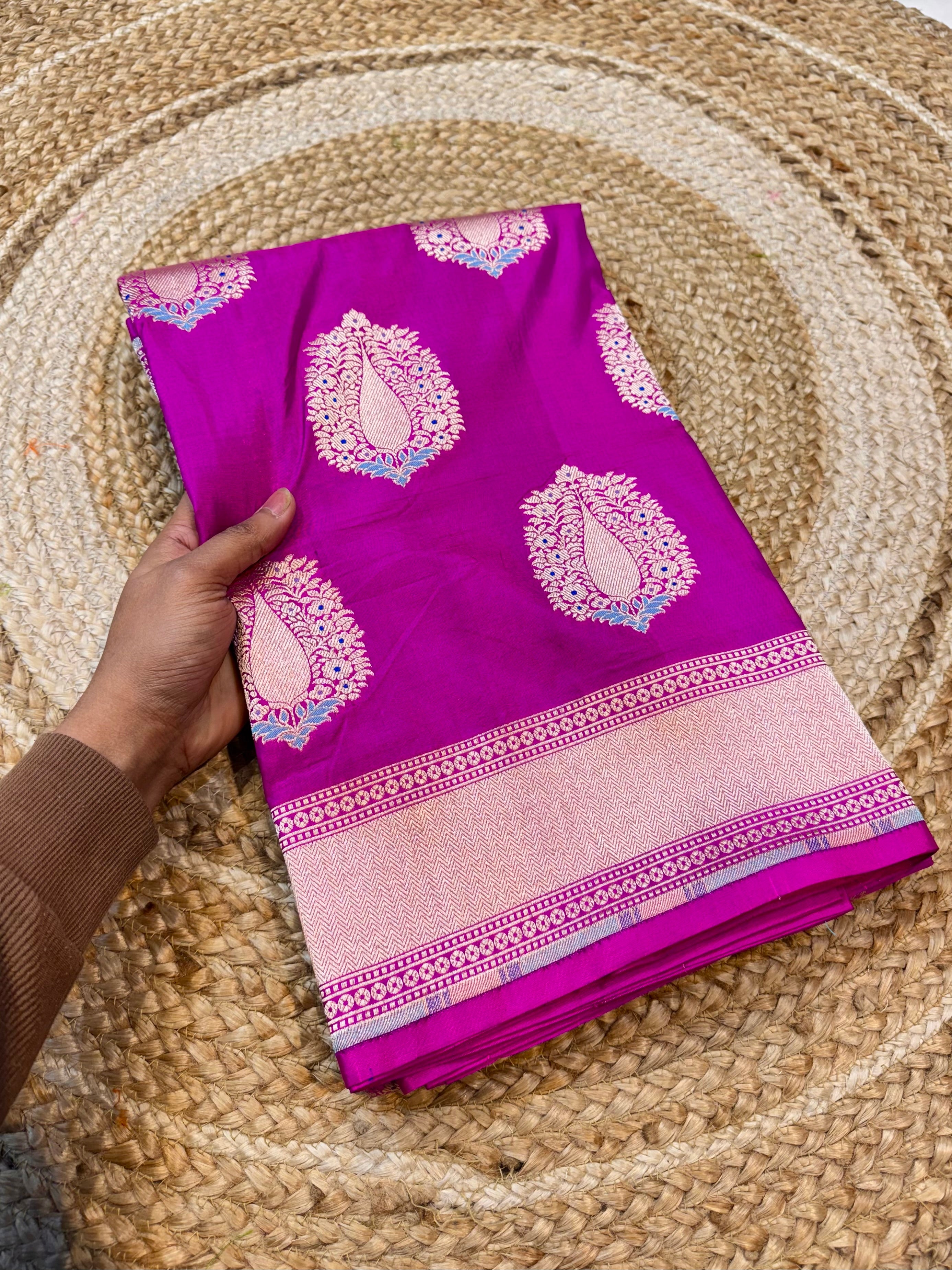 Magenta Pink 100% Pure Banarasi Katan Silk Meenakari Saree