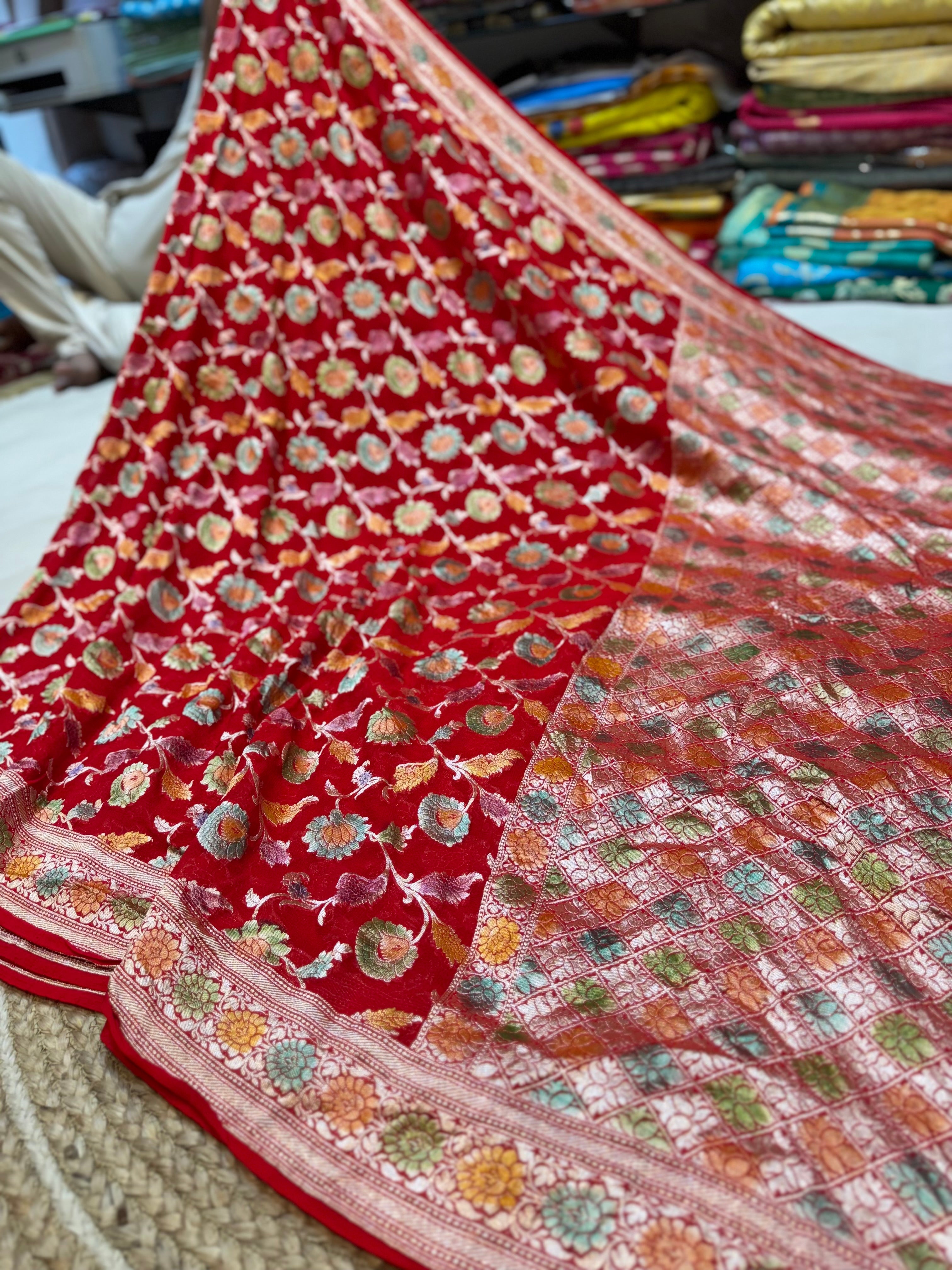 Red 100% Pure Banarasi Khaddi Georgette Meenakari Saree
