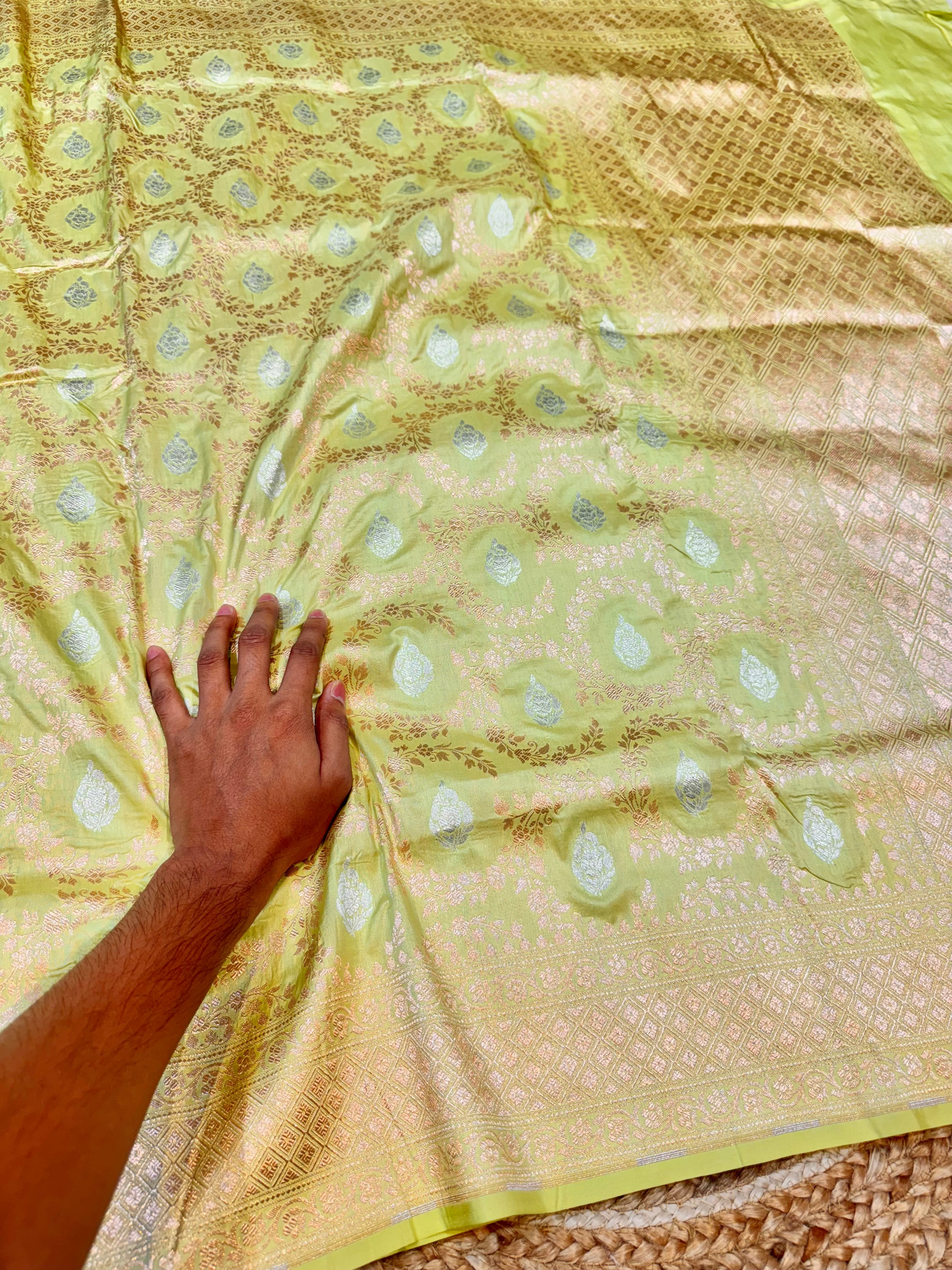 Pista Green 100% Pure Banarasi Katan Silk Meenakari Saree