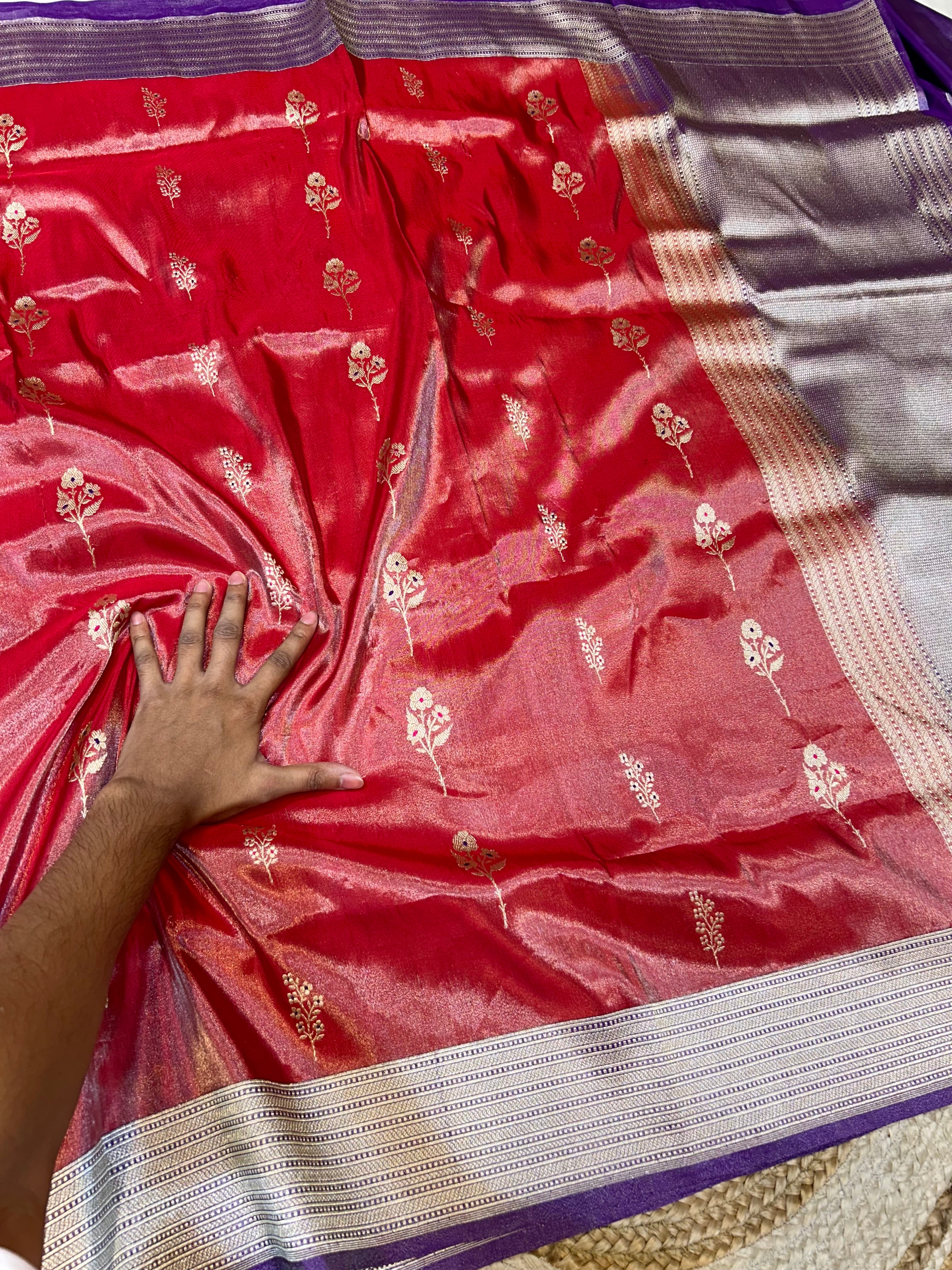 Diamond Red 100% Pure Banarasi Tissue Silk Handloom Handwoven Saree