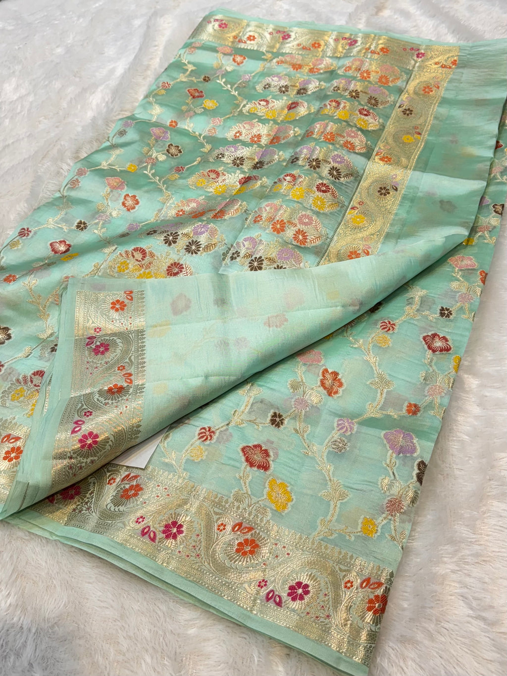 Sea Green 100% Pure Banarasi Raw Mango Silk Saree