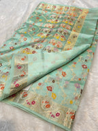 Sea Green 100% Pure Banarasi Raw Mango Silk Saree