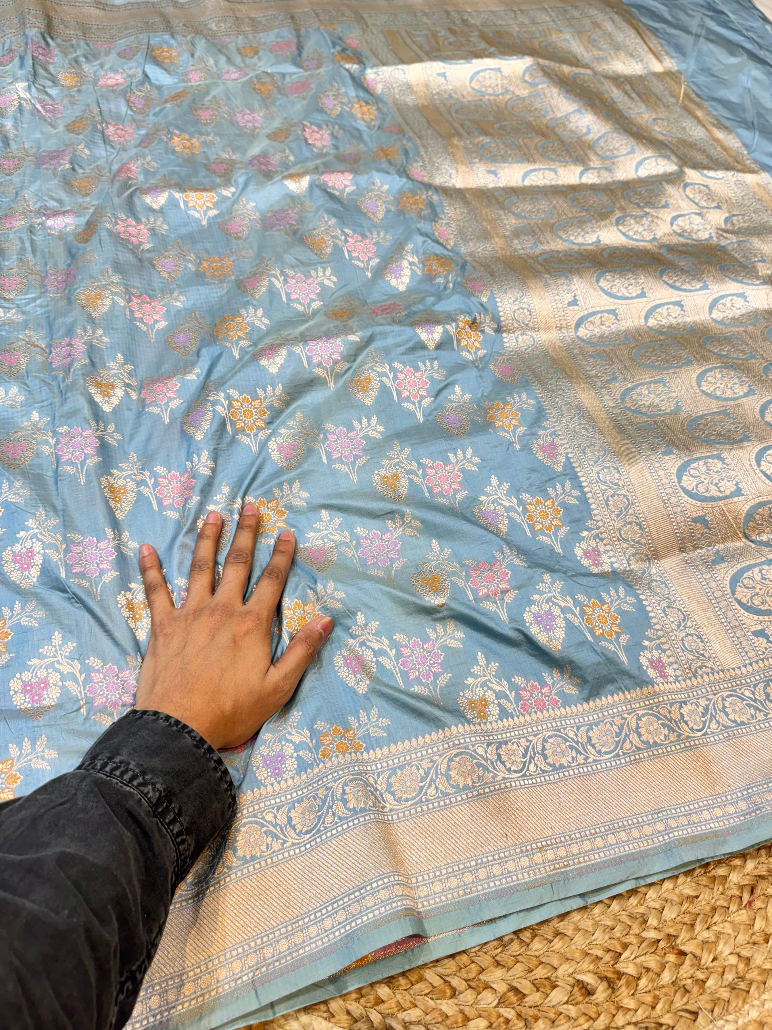 Powder Blue 100% Pure Banarasi Katan Silk Meenakari Saree