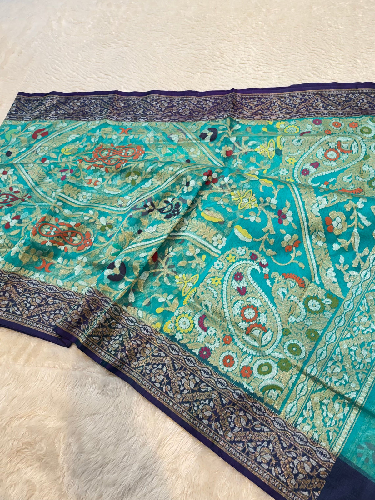 Sky Blue Pure Banarasi Ektara Kora Jamdani Saree