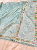 Light Blue Tussar Silk Partywear Banarasi Embroidery with Tissue Applique Lightweight Sarees