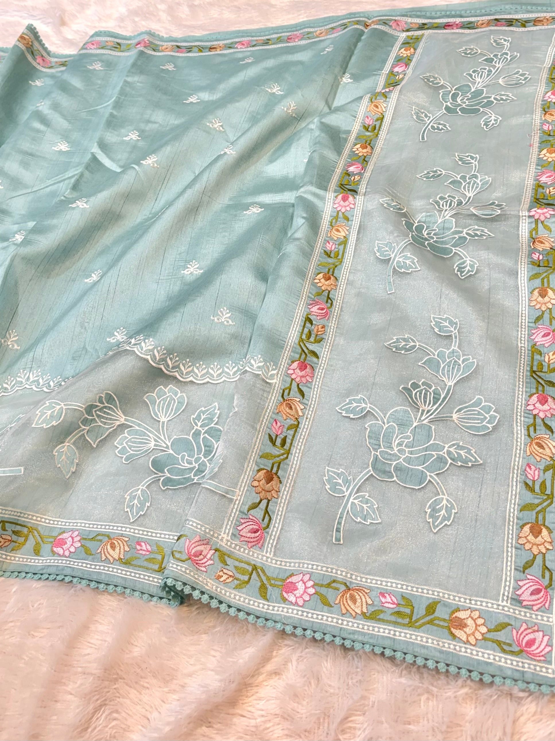 Light Blue Tussar Silk Partywear Banarasi Embroidery with Tissue Applique Lightweight Sarees