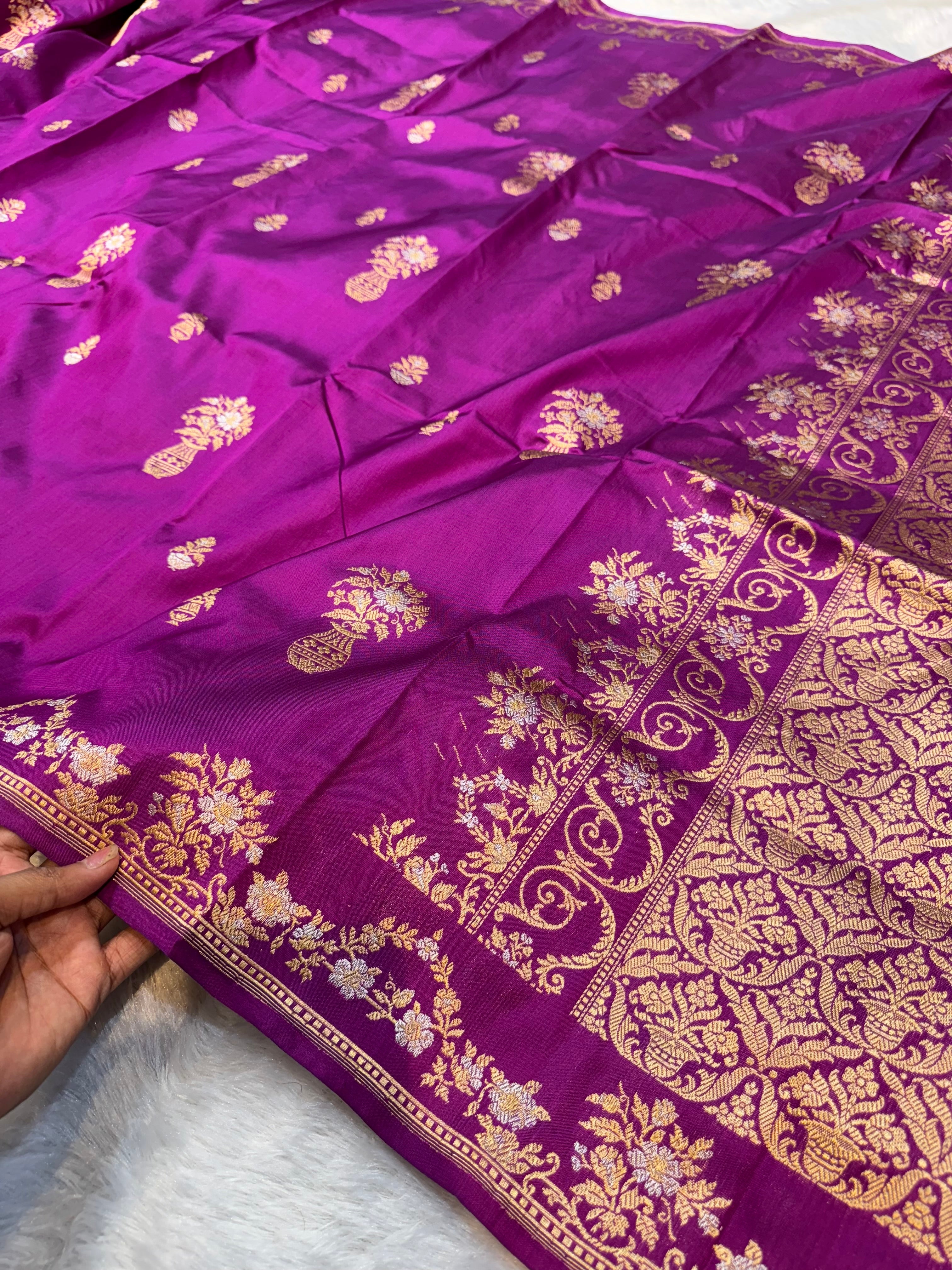 Purple 100% Pure Banaras Katan Silk Handloom Handwoven Pattu Saree
