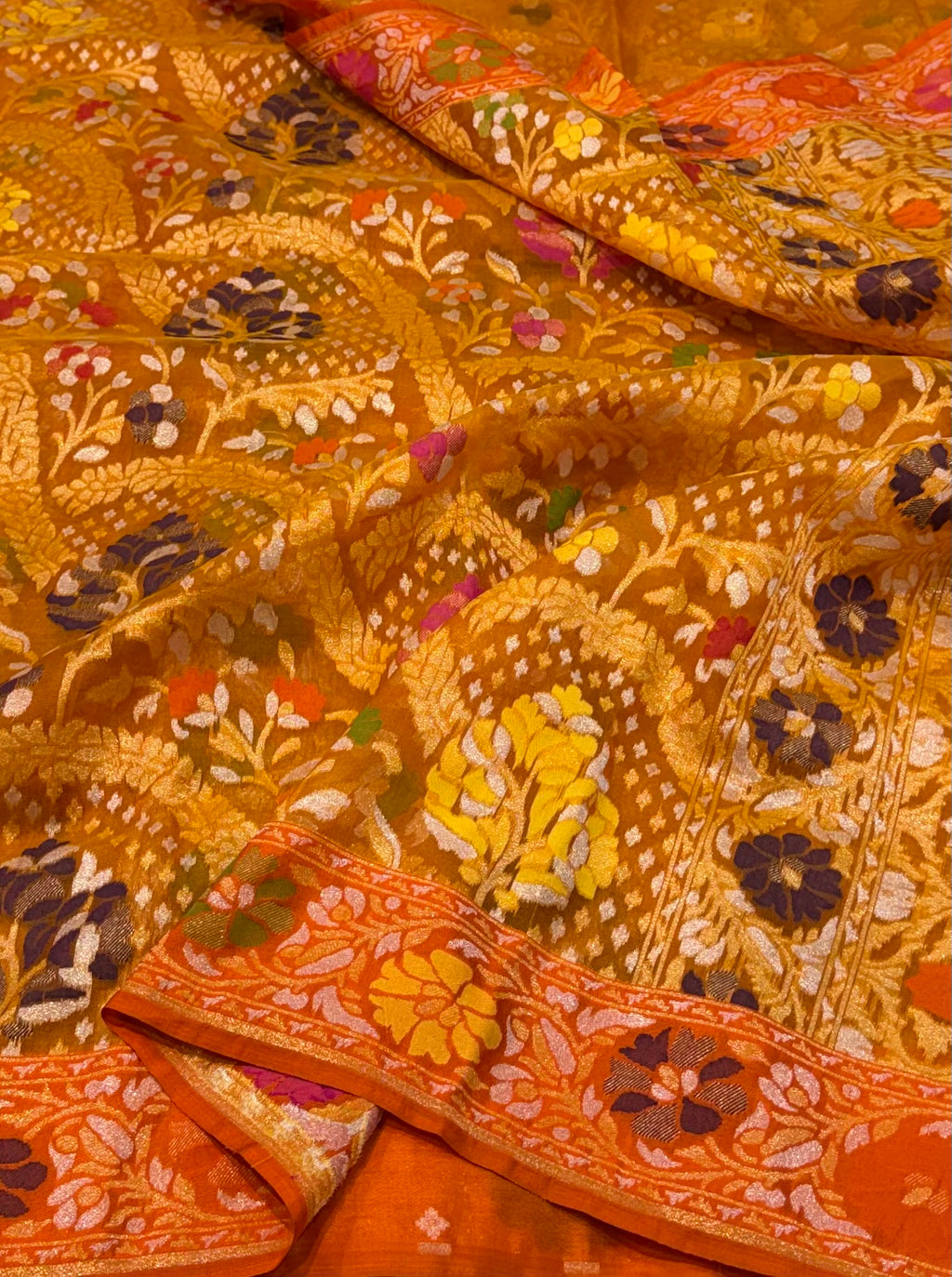 Rust Orange 100% Pure Ektara Banarasi Kora Jamdani Saree