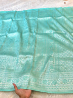Cyan Blue Pure Handloom Banarasi Mashru Silk Saree