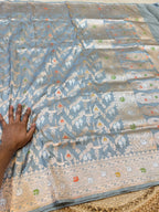 Powder Blue 100% Pure Banarasi Katan Silk Meenakari Saree