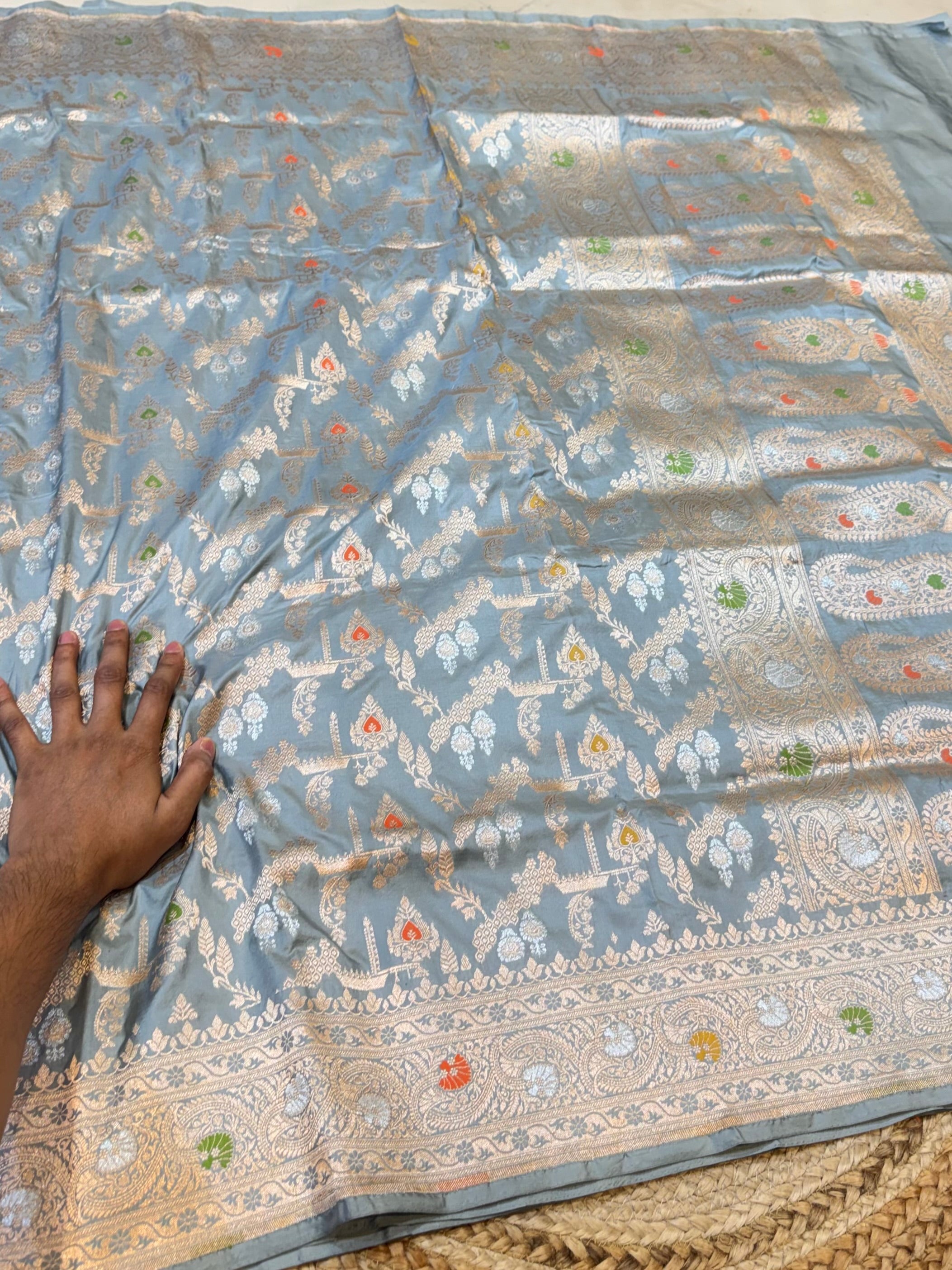 Powder Blue 100% Pure Banarasi Katan Silk Meenakari Saree
