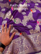 Violet Purple 100% Pure Banarasi Katan Silk Handloom Handwoven Pattu Saree